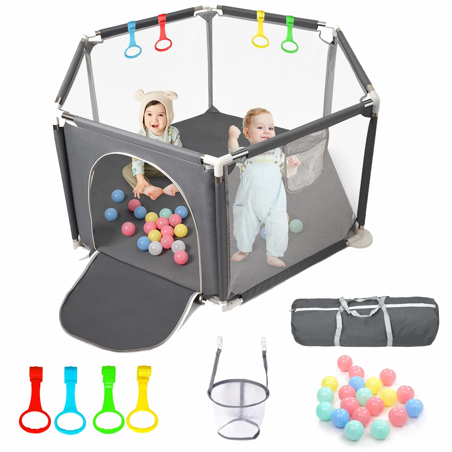 CHOLY Box esagonale per neonati con rete traspirante, recinzione attività bambini, borsa viaggio grigio scuro