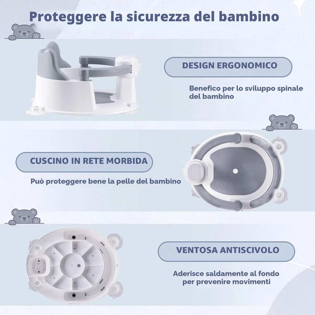 Seggiolini Per Bagnetto, Seggiolino Doccia Neonato, Seggiolino per Vasca da Bagno per Bambini a Partire da 6 Mesi, con 4 Potenti Ventose, per Doccia o Vasca