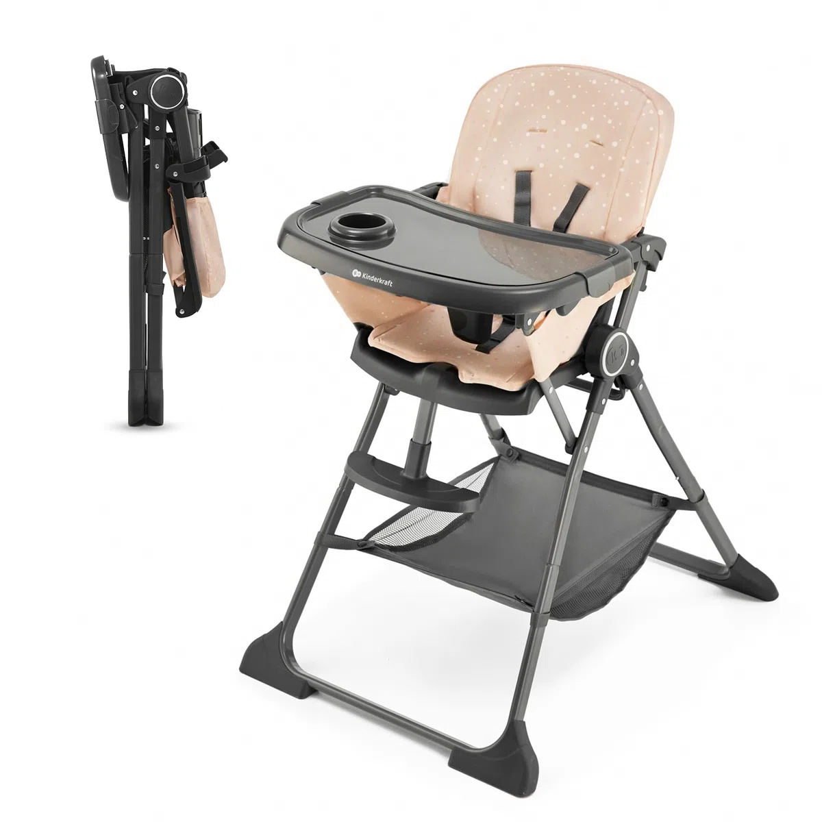 Kinderkraft FOLDEE Seggiolone Pappa, Portatile, Sedia bambini da tavolo, Pieghevole in dimensioni compatte, Schienale e poggiapiedi regolabile, con Vassoio e Cestello, Facile da pulire, Rosa