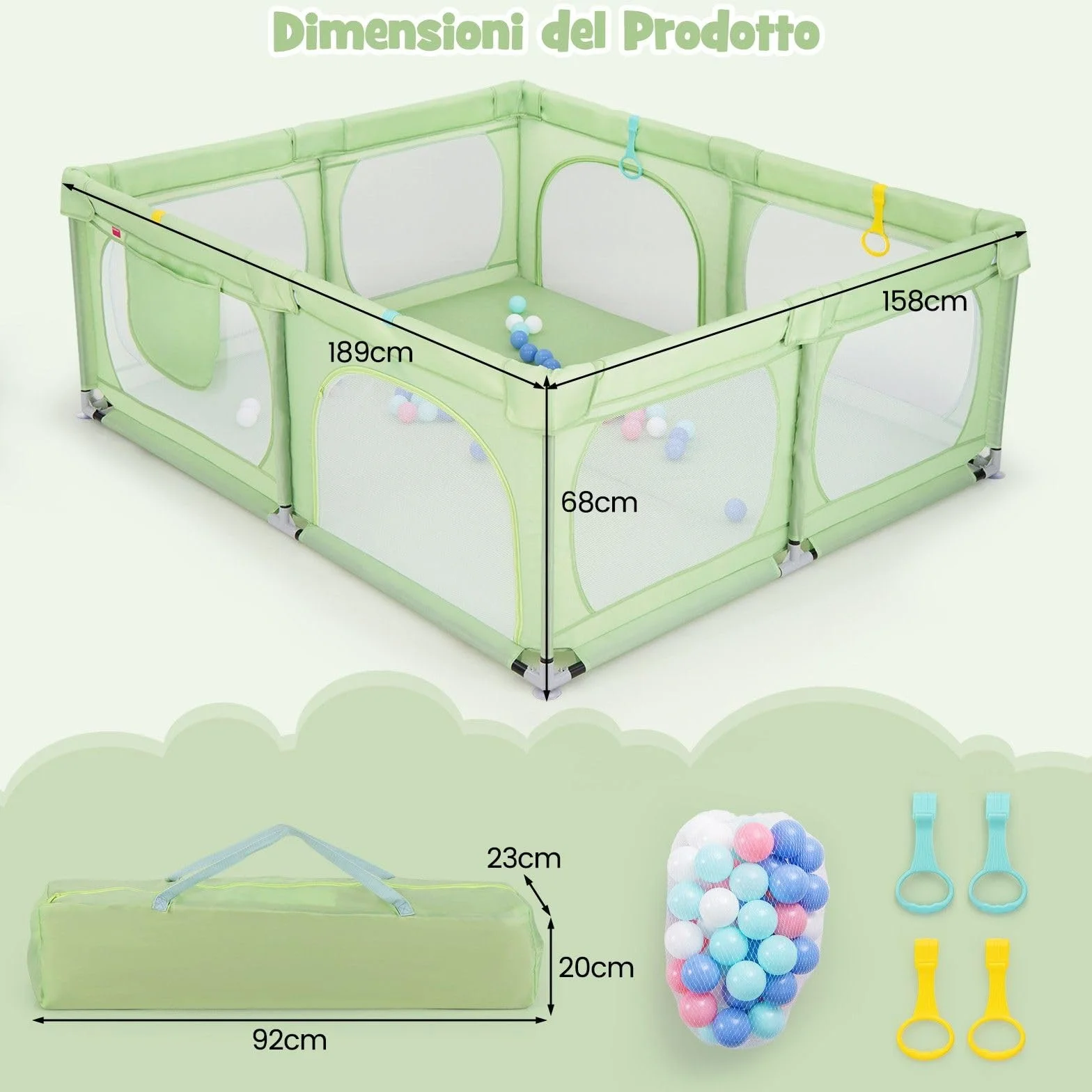 COSTWAY Recinto per Bambini, Box Pieghevole con Rete Traspirante, Centro Attività per Neonati con 50 Palline, Box Giochi per Bambini 0-3 Anni (Verde, 189 x 158 cm)