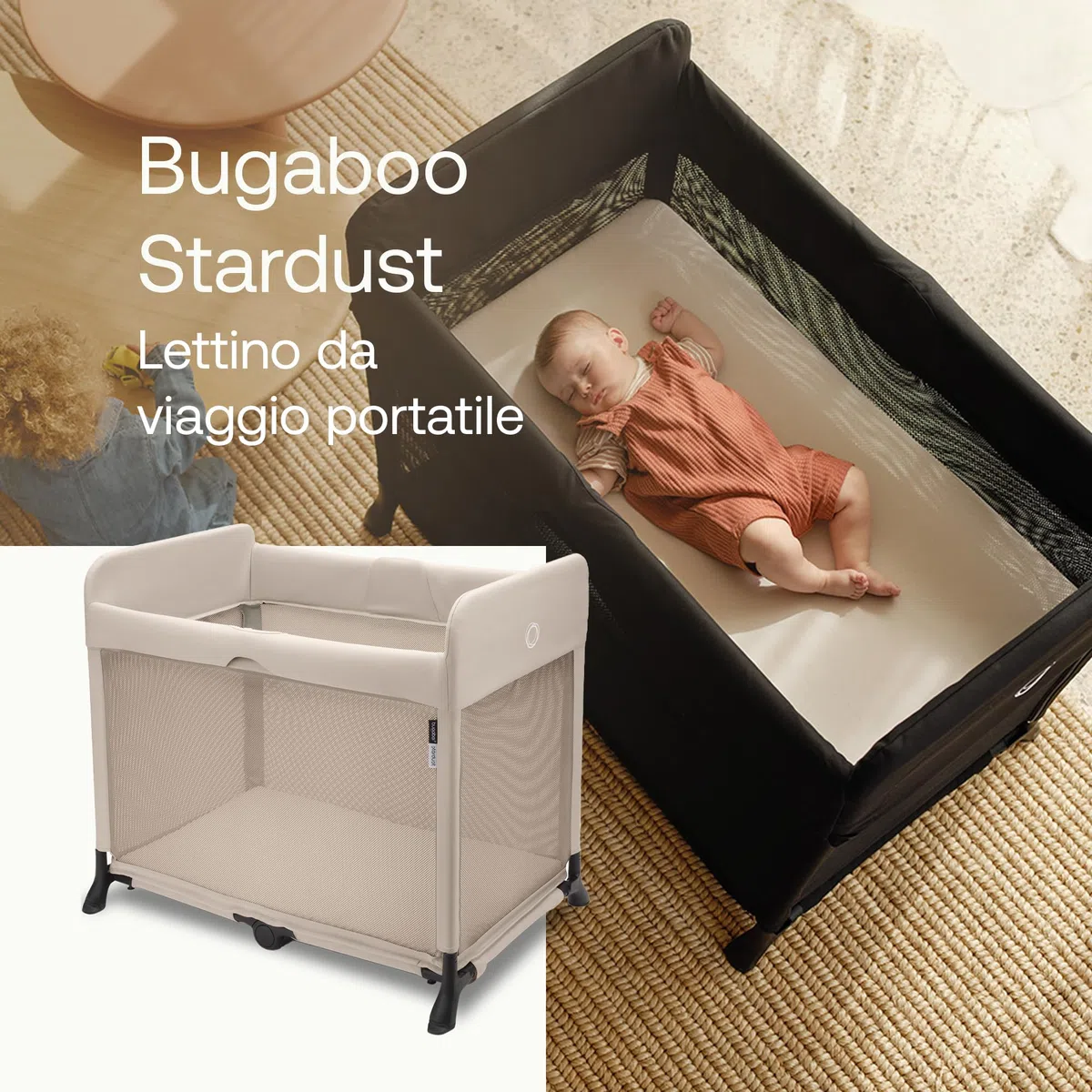 Bugaboo Stardust, 2 in 1: Parco Infantile Pieghevole e Lettino da Viaggio compatto con materasso, si dispiega in 1 Secondo, Borsa per il Trasporto, Da neonati a bambini piccoli, Desert Taupe