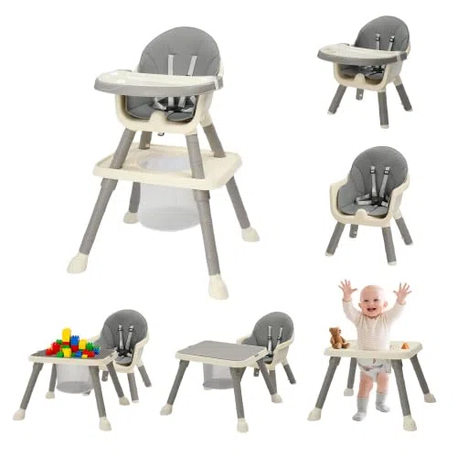 BONNLO Seggiolone Evolutivo per Bambini 7 IN 1, Imbottitura Confortevole, Doppio Vassoio, 6 Mesi-3 Anni 6-15 kg, Pieghevole Ultra Compatto, Leggero 4,9 kg, Grigio (Grigio)