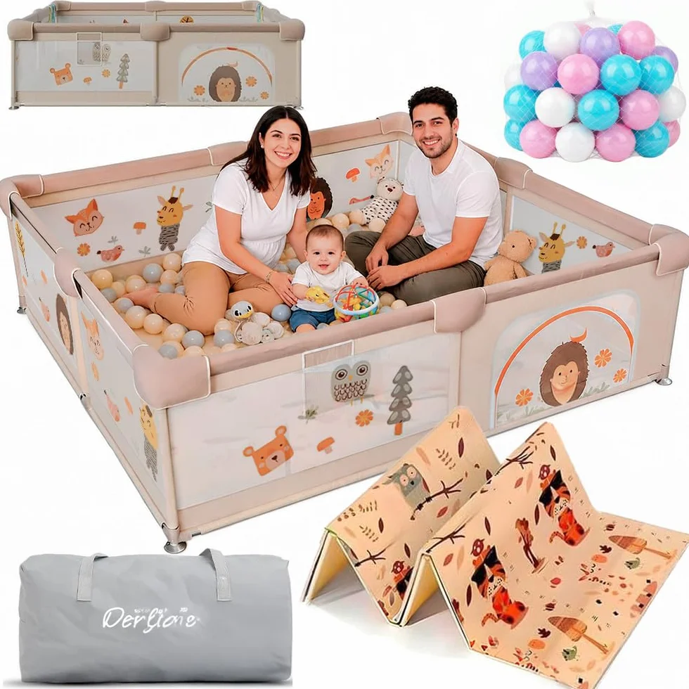Box per bambini della foresta, 150 x 180 cm, con rete di animali, traspirante, tappetino imbottito + 60 palline, box pieghevole antiscivolo (120 x 120 cm, foresta)
