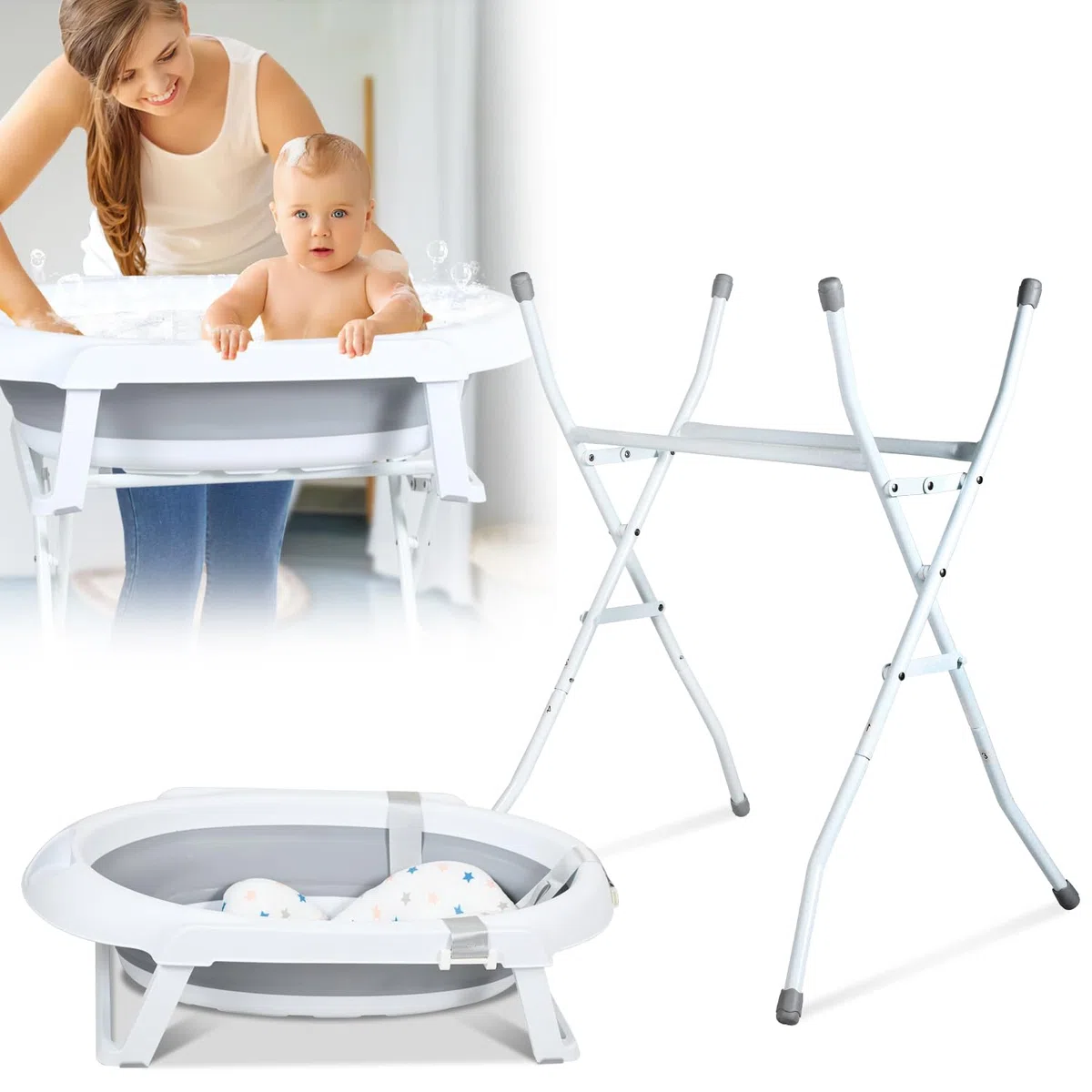 Ikodm Vasca da Bagno per Neonati con Supporto, Vasca da Bagno con Tappetino da Bagno, Scarico, Supporto, Vasca da Bagno Pieghevole, Vasca per Bambini con Supporto Sicura per il Tuo Neonato - Vasca da