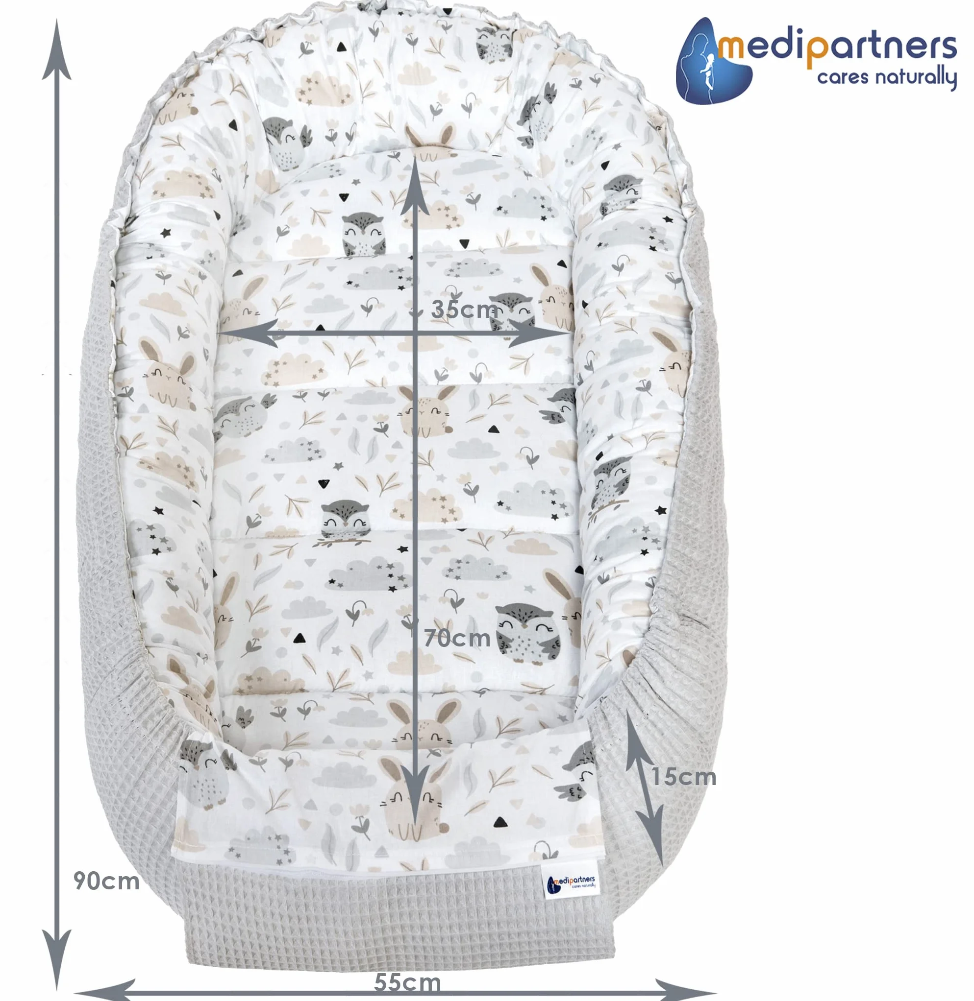 Medi Partners Riduttore Lettino Neonato 100x60x15 Nido Antisoffoco Cuscino 100% Cotone Waffle