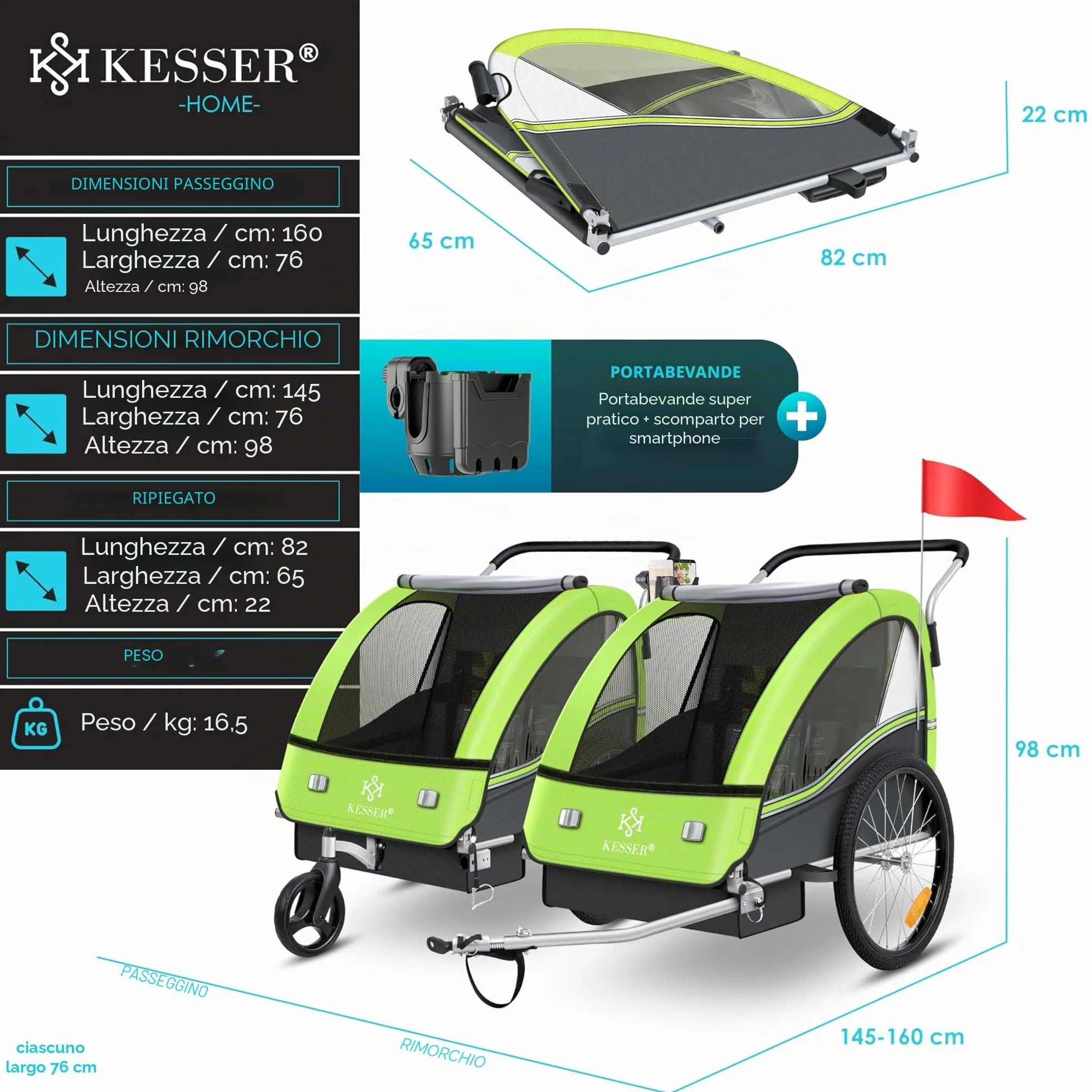 KESSER® Rimorchio per bambini da bicicletta Sport-RX 2 in 1 funzione jogging cintura di sicurezza a 5 punti ruota anteriore girevole 360°