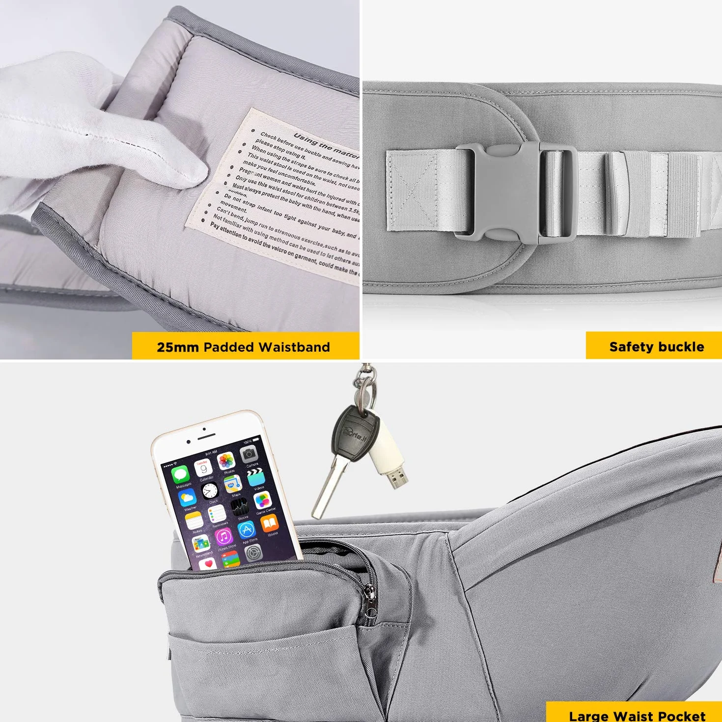 GAGAKU Hipseat Marsupio Sicurezza Supporto del Sedile della Dell'anca del Bambino 0-36 Mesi - Grigio