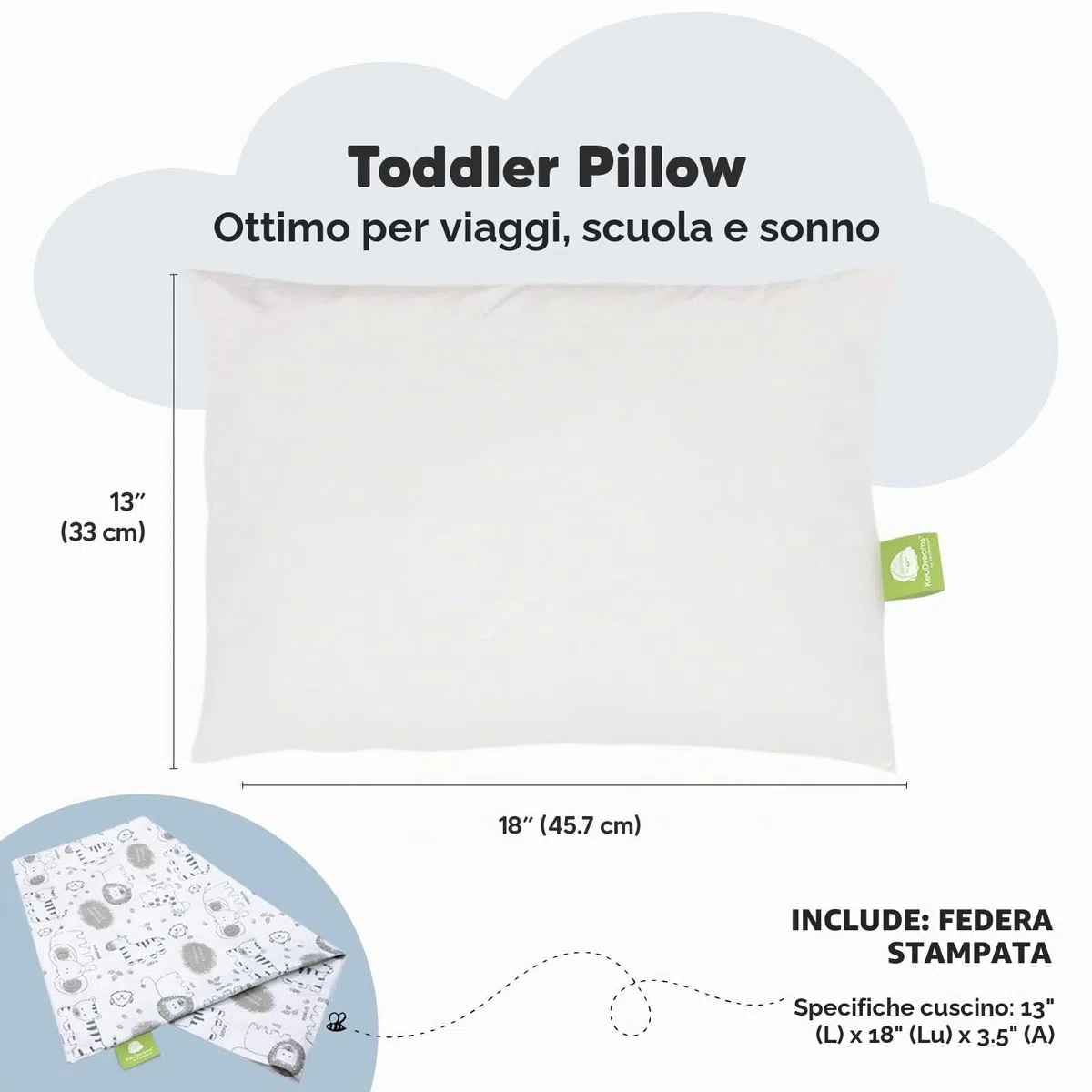 KeaSafari - Cuscino per bambini con federa, morbido cotone biologico, per dormire, lavabile, per bambini