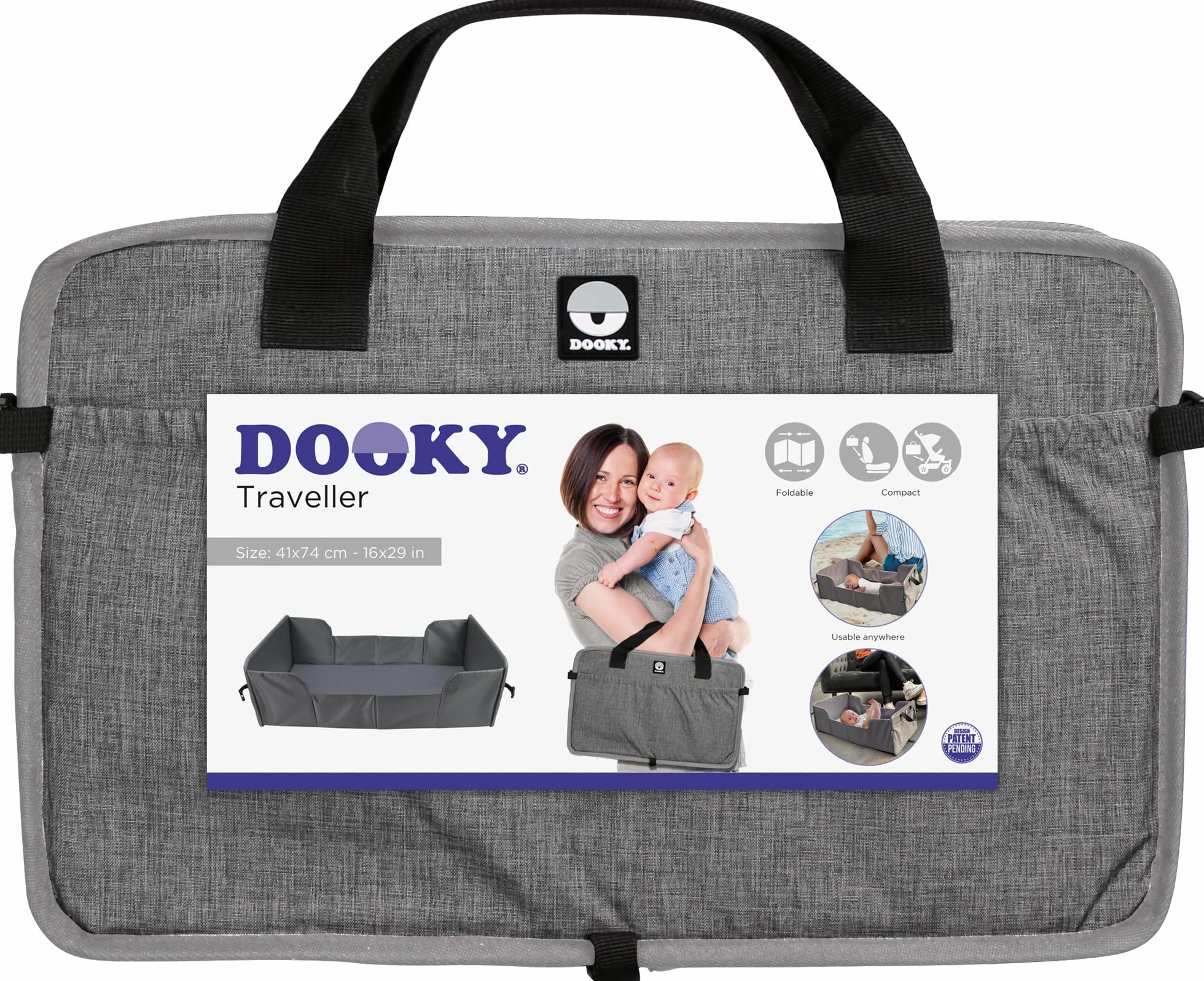 Dooky Original Traveller - lettino pieghevole per bambini - super leggero, tasche esterne, 41 x 74 cm (assemblato) /41 x 26 cm (piegato), 100% poliestere, nero