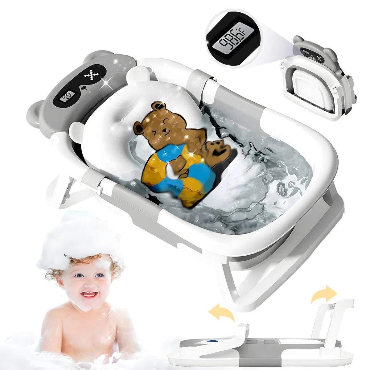 Vaschetta Bagnetto Neonato Pieghevole, Vasca da Bagno Portatile Con Materasso a Cuscino e Termometro, Vasca Neonato Bagnetto Per Neonati E Bambini, Portatile, Salva Spazio