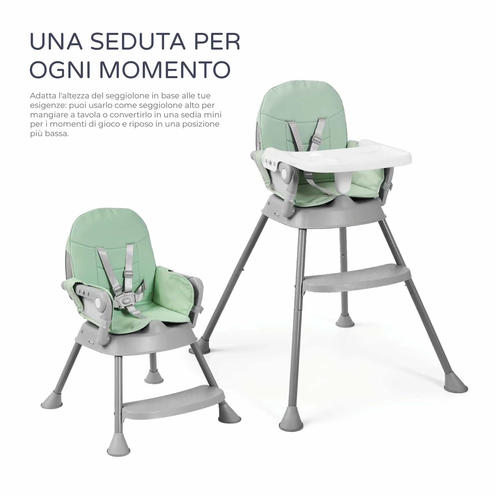Seggiolone pappa 3 in 1 BELLY e SPOON Convertibile in rialzo e in sedia Pieghevole con seduta imbottita Portatile stabile sicuro Gambe antiscivolo Spoon Vert