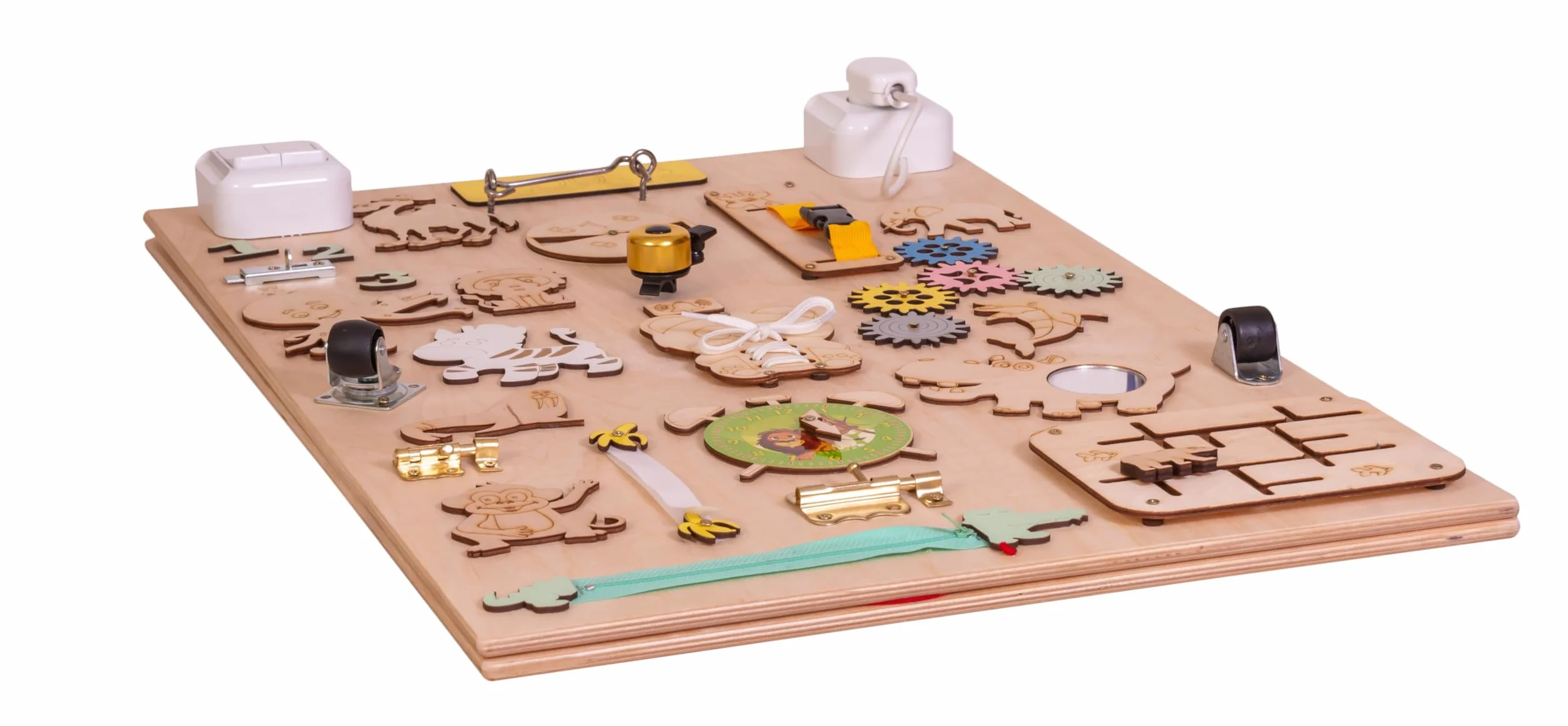 Leo - Quadro di attività sensoriale Montessori Busy Board in legno autoportante double face naturale Zoo 75 cm