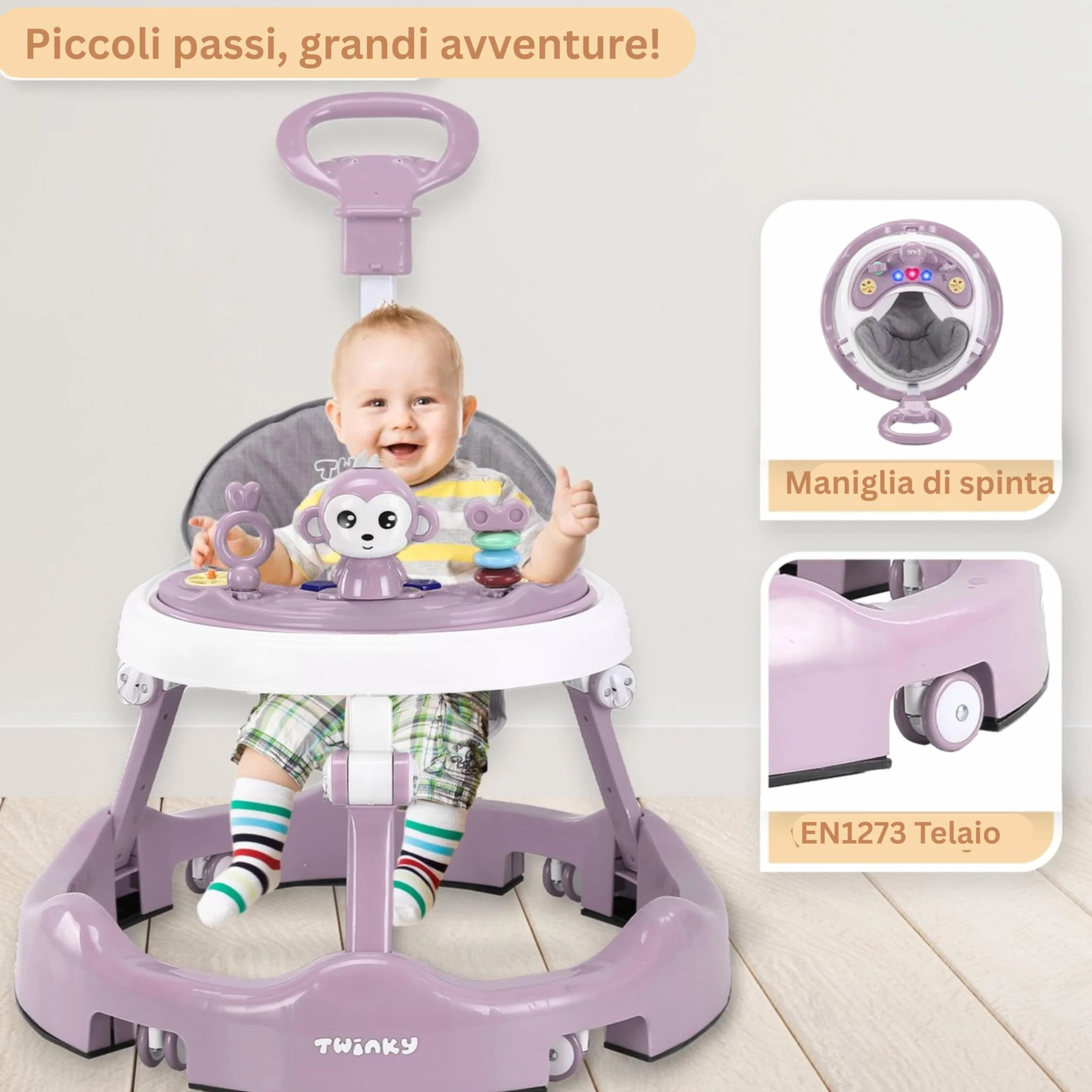 Twinky Girello Neonato 6-12 Mesi – Girello Regolabile e Sicuro per Bambini 6-18 Mesi | Design Pieghevole, Giochi Interattivi e Ruote Silenziose