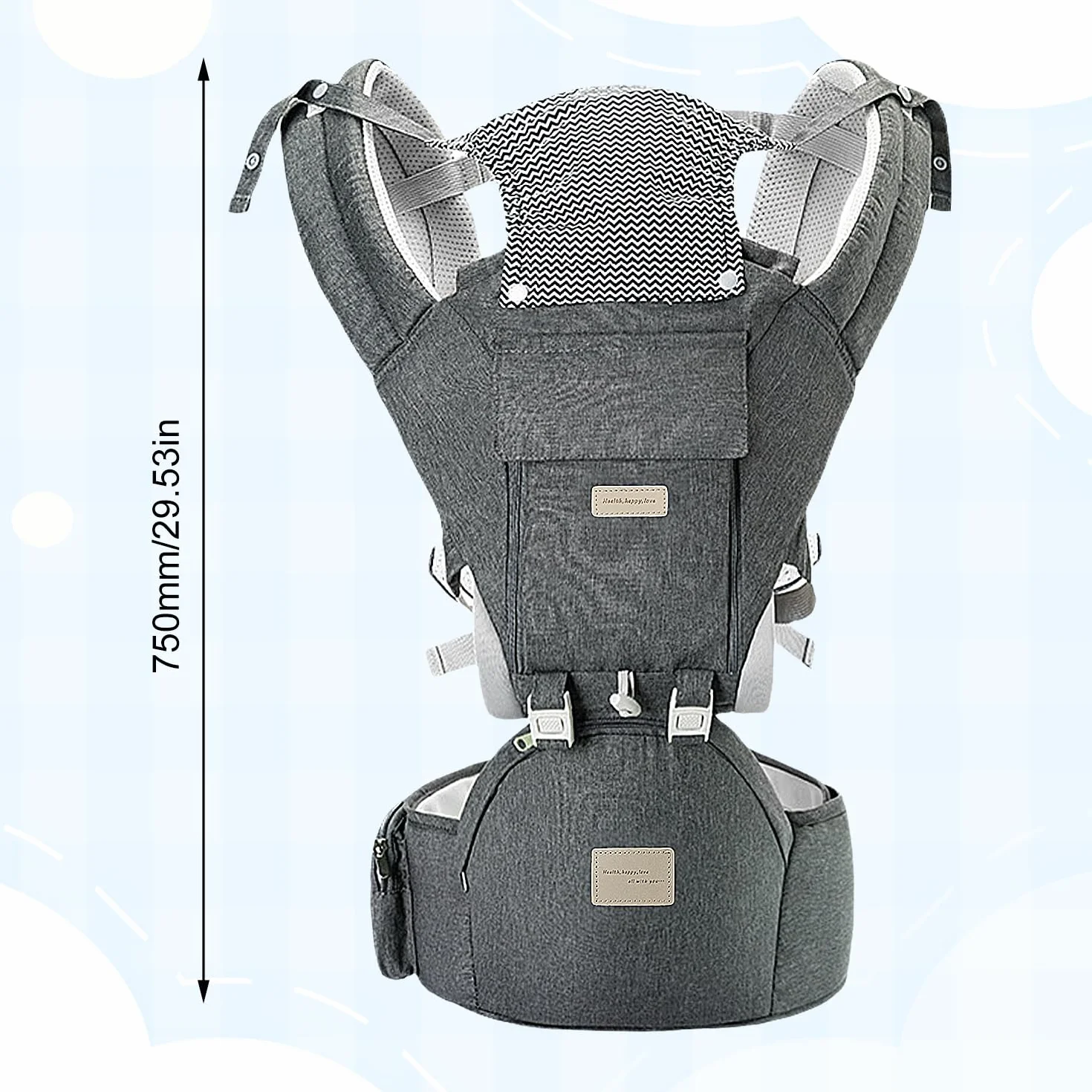 Marsupio per neonati dalla nascita per 3 – 36 mesi, in cotone, ergonomico, con seggiolino per bambini, morbido e traspirante, per viaggi, passeggiate, utilizzabile tutto l'anno (grigio)