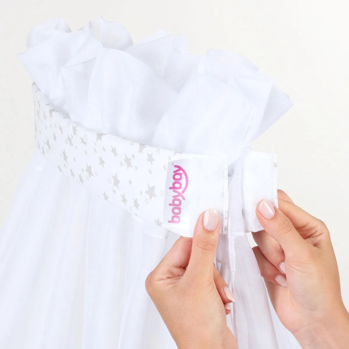 babybay Zanzariera e cielo piqué con nastro adatto per tutti i modelli fino a 96 cm di lunghezza, bianco stelle grigio perla