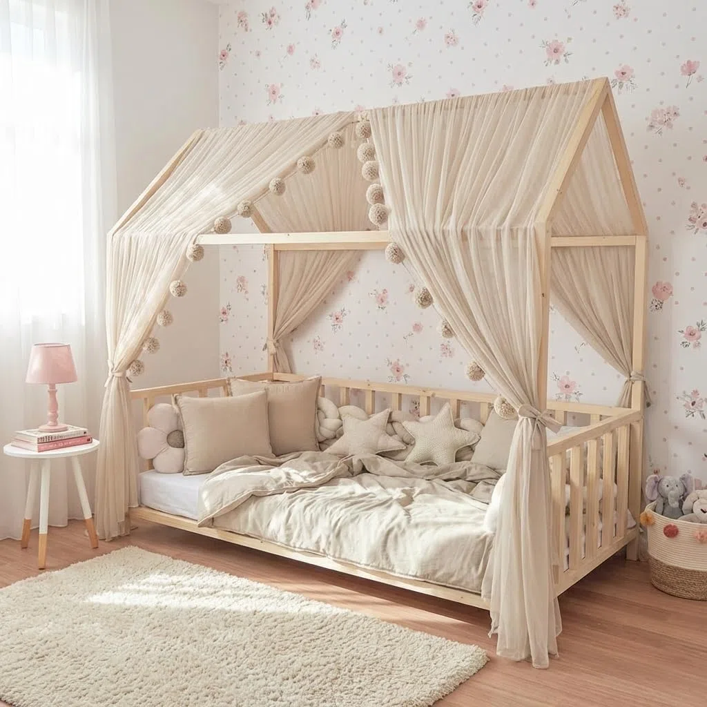 Fancyroom - Set decorativo per letto a baldacchino, per cameretta dei bambini, con pompon e tulle, colore: beige