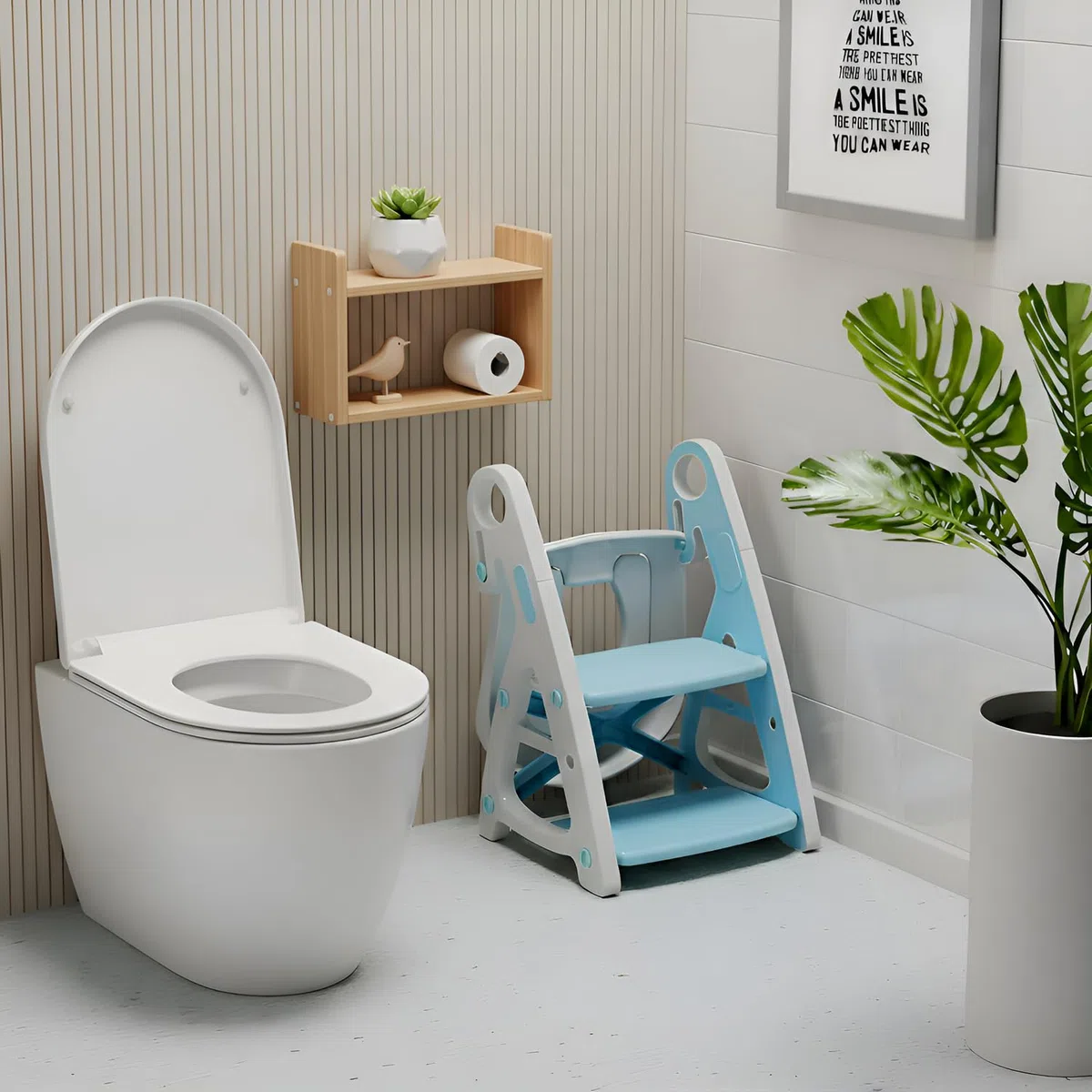 Riduttore wc per Bambini, Scaletta wc per Bambini, Sedile WC e Sgabello Bambini 2 in 1, Portatile Pieghevole, Adatto per Tazze a V, U Oppure O, Vasino con PU Morbida, Gradini Ingranditi (Blu)