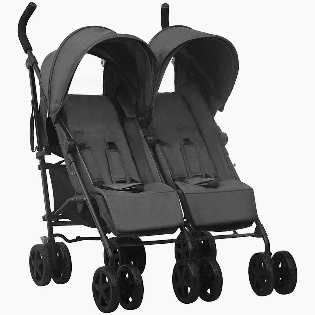Passeggino Tandem Gemellare vitaXL Nero in Acciaio