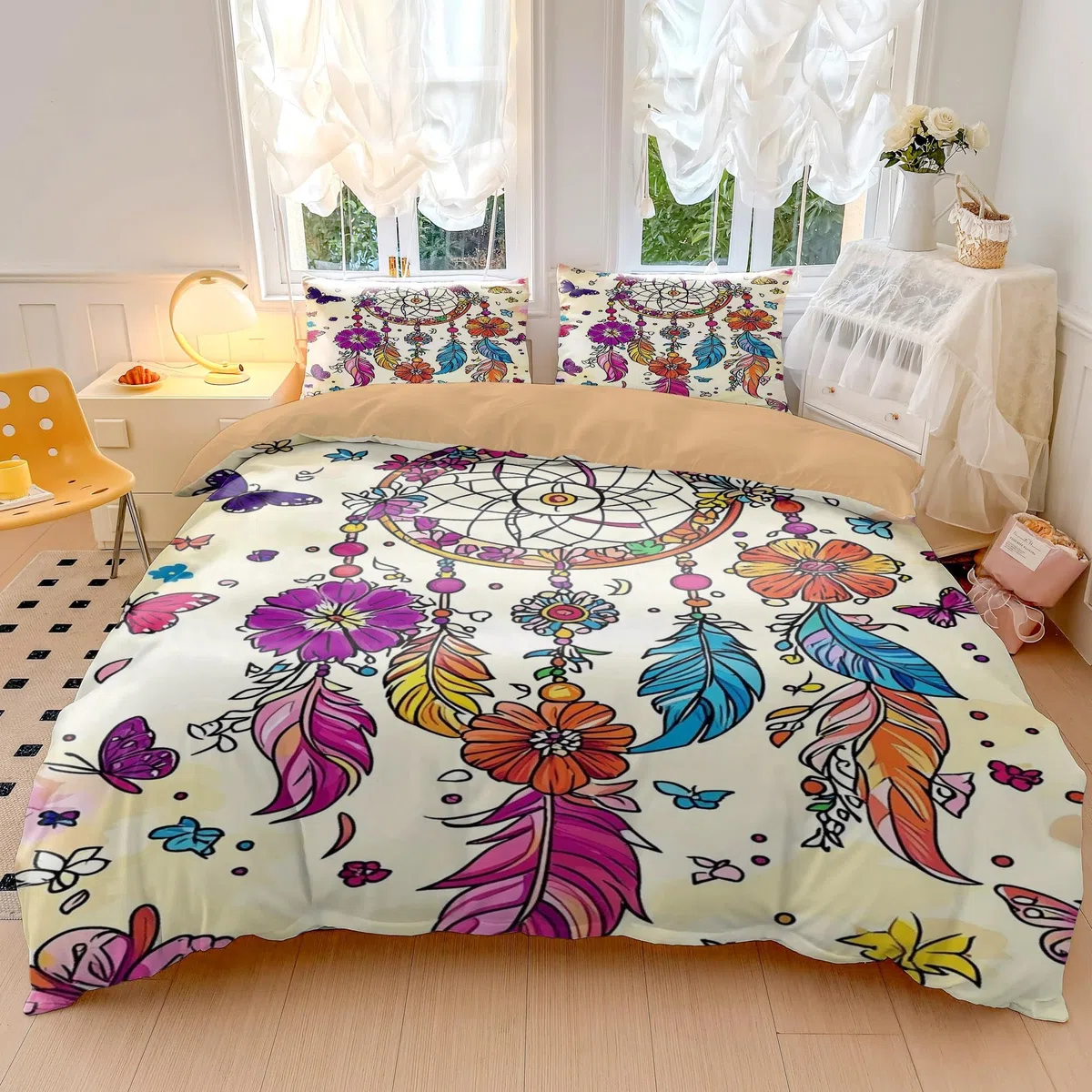 Set copripiumino colorato con acchiappasogni, stile bohémien, in microfibra morbida e traspirante, decorazione per camera dei bambini e ragazzi (stile 3, king size, 240 x 220 cm, 50 x 75 cm x 2)
