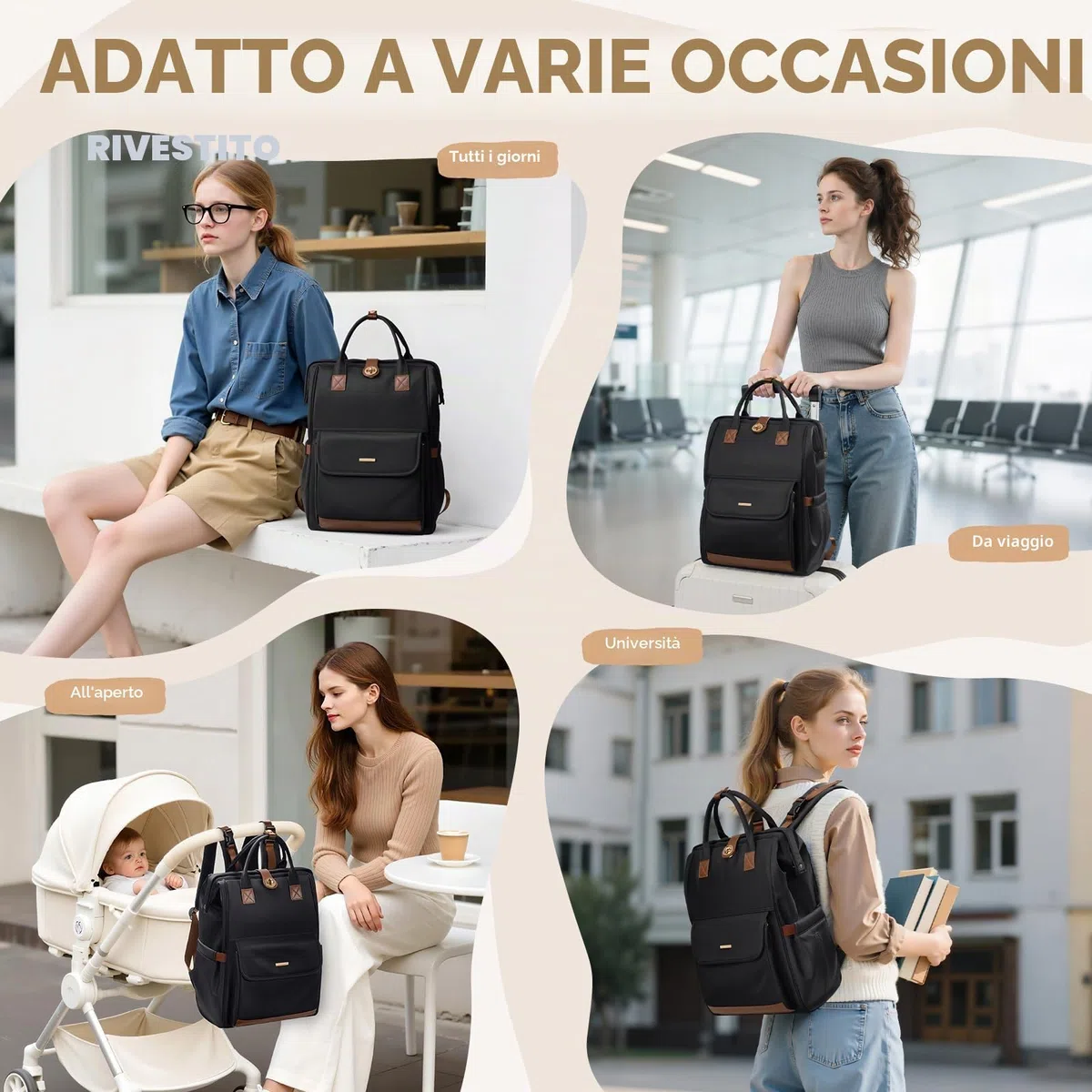 Zaino per pannolini, borsa per pannolini multifunzione resistente all'acqua con gancio, borsa per pannolini da appendere casual per mamma