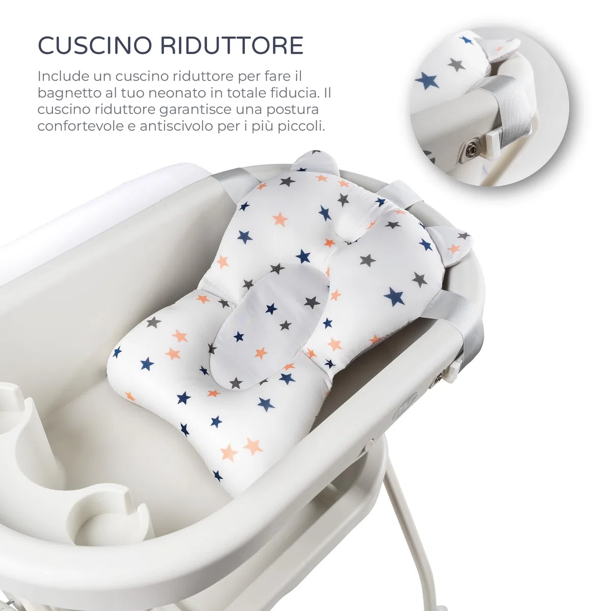 MS BabyWorld – BUBBLE + CUSCINO RIDUTTORE – Vaschetta Bagnetto Ergonomica con Supporto | Fasciatoio Impermeabile Imbottito | Chiusura Compatta | Organizzatore | 4 Ruote con Freni