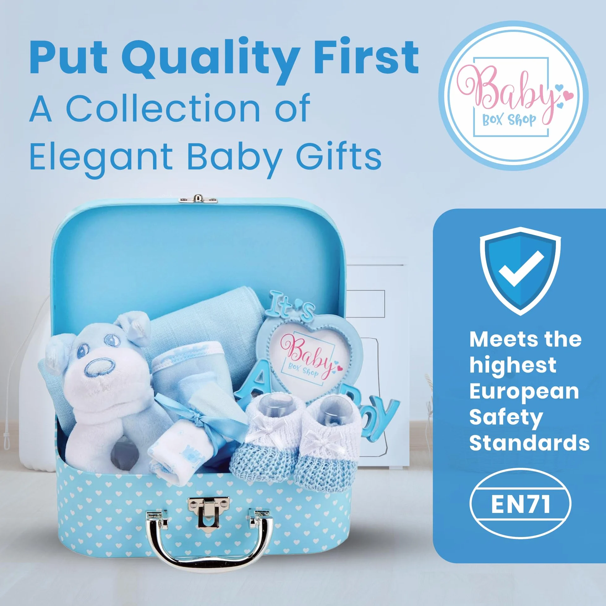 Baby Box Shop Cofanetto nascita per bambino con regali per bambini, con sonaglio per bambini, cornice portafoto in chiffon, bavaglino paio di calzini e guanti