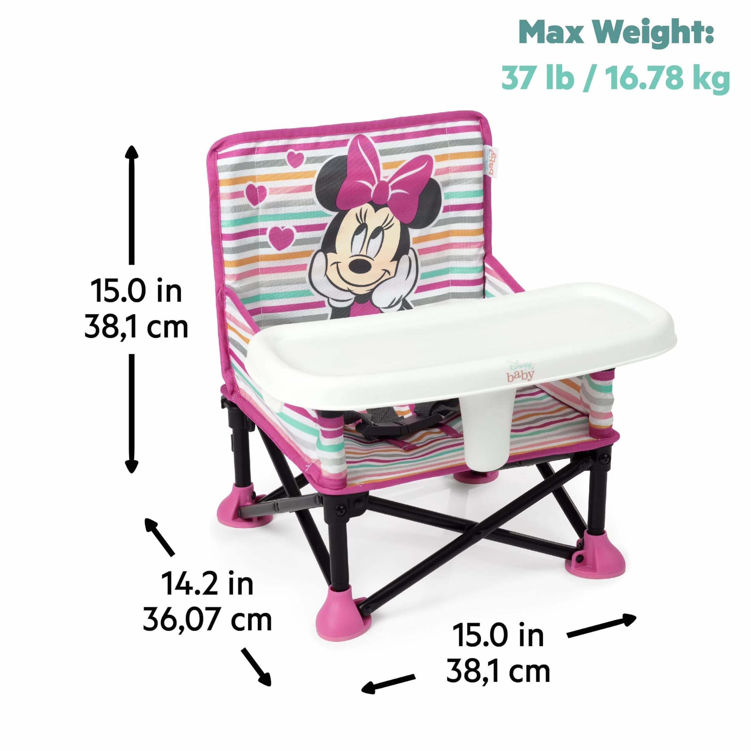 Bright Starts Pop 'N Sit Minnie Mouse Rialzo per sedia portatile con vassoio, verde chiaro, 6 mesi-3 anni