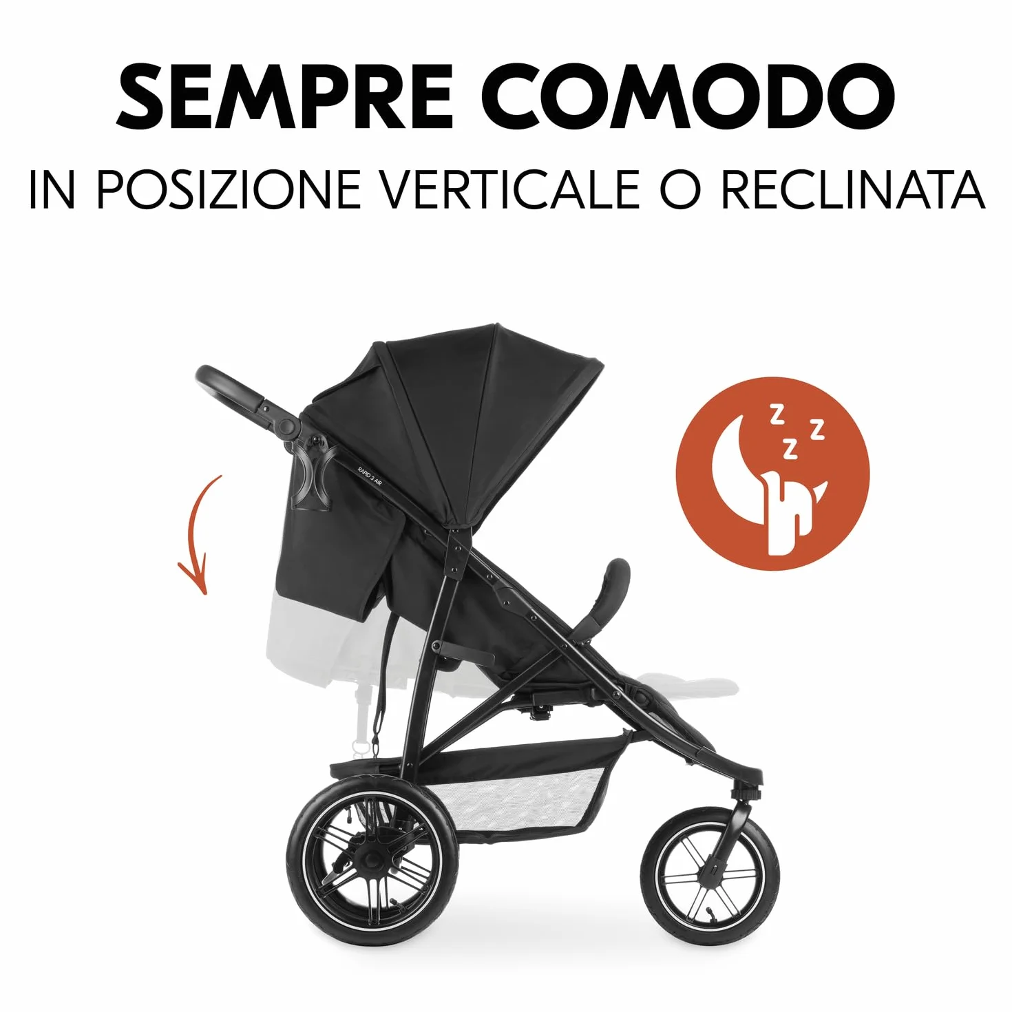 Hauck Rapid 3 Air Nero Passeggino 3 Ruote Gonfiabili Ammortizzate dalla Nascita fino a 22 kg Schienale Reclinabile Maniglione Regolabile Cappotta UPF 50+ Cesto Portoggetti Pieghevole