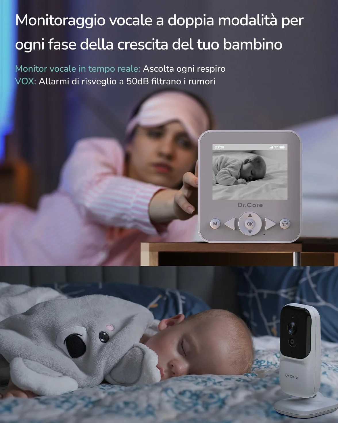Dr.Care NeoView Baby Monitor Video - Schermo 2.8", Audio Bidirezionale, Registrazione Loop, Visione Notturna, Monitoraggio VOX, Sensore Temperatura, Ninne Nanne, Clip Cintura, Supporto 128GB