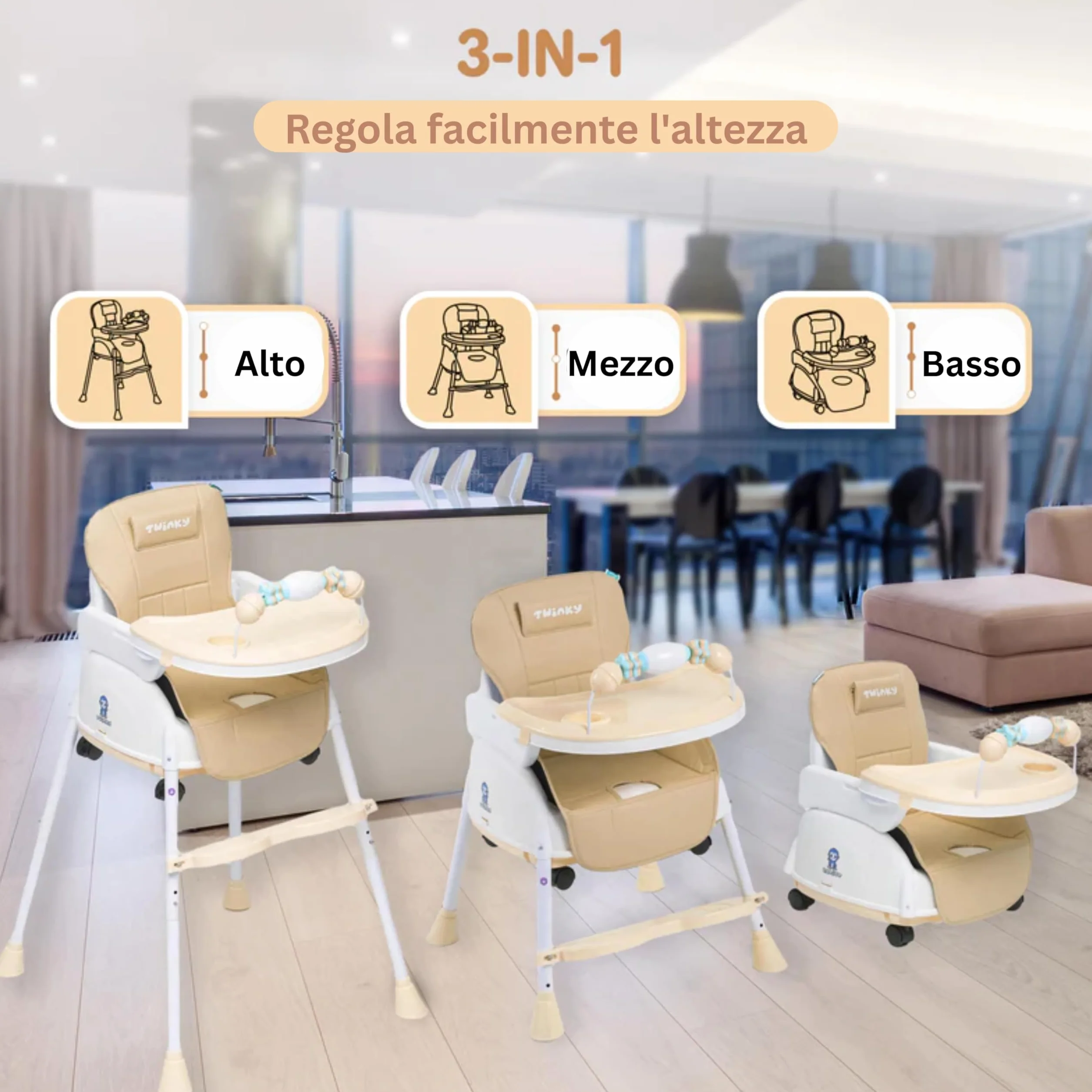 Twinky Seggiolone Pappa Evolutivo 0-36 Mesi Regolabile Portatile Design Sicuro Comfort