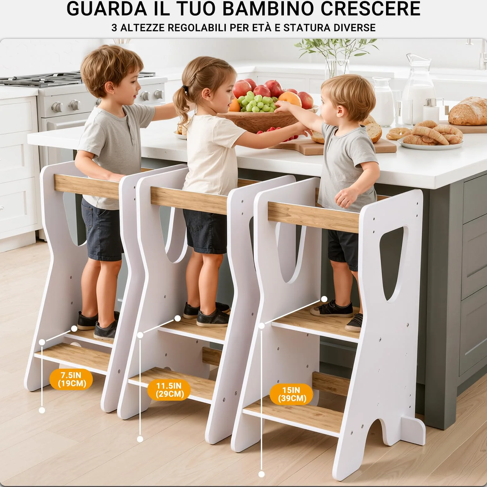 COSYLAND Torre Montessoriana Bambini Legno Naturale 3 Altezze Regolabili Bianco e Naturale