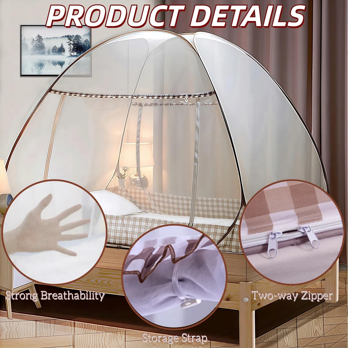 Digead Pop-up Zanzariera a Cupola per Letto Matrimoniale, 120x200 cm con Doppia Porta, Leggera e Traspirante in Poliestere Misto, Pieghevole e Portatile per Casa Viaggio Campeggio - Bordo Marrone