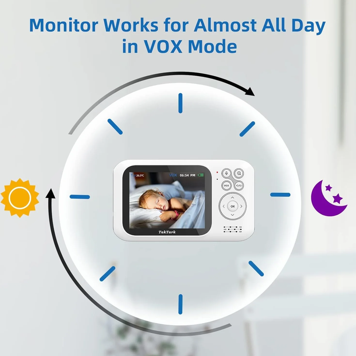 TakTark Baby Monitor Video e Audio, 3.2'' IPS 750mAh Telecamera Bambini con Monitor Video Baby Monitor Videocamera VOX, Visione notturna, Comunicazione Bidirezionale Sensore di temperatura