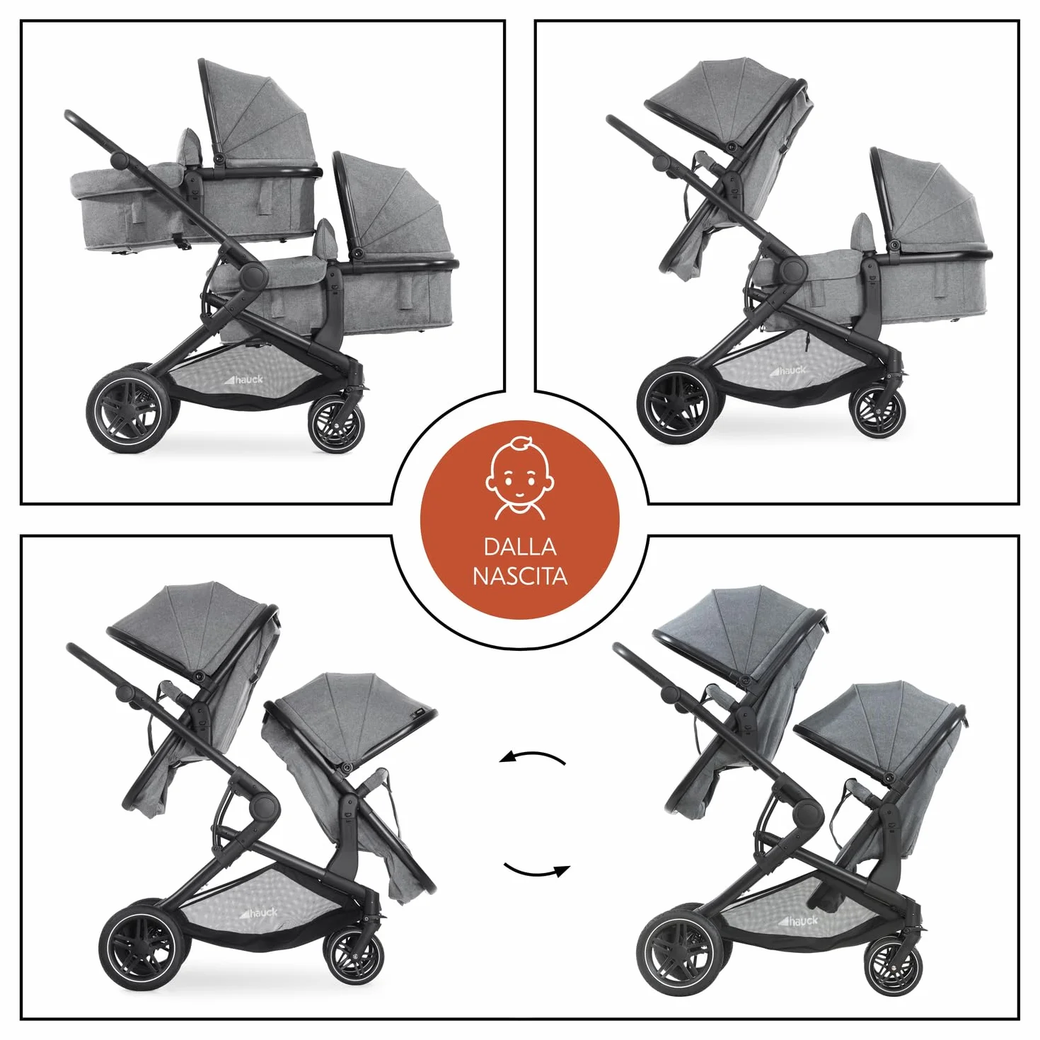 Hauck Atlantic Twin Grigio Melange Passeggino Gemellare per 2 Bambini 15 kg