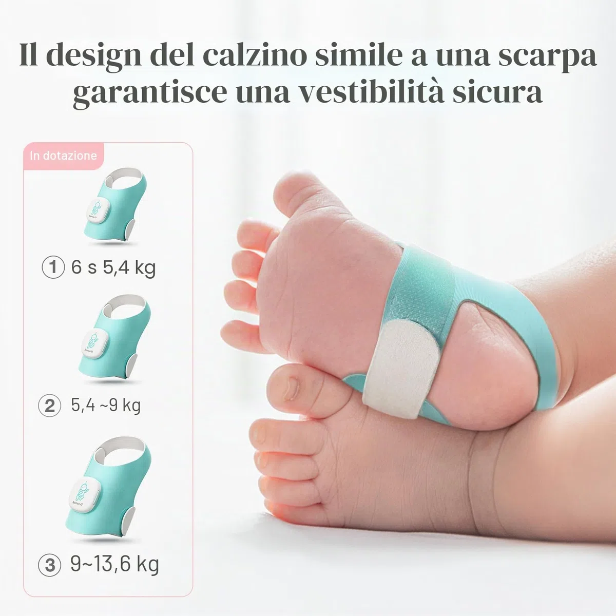 Sense-U Smart Socket (lungo) Baby Monitor con indicatore di sonno e notifiche, monitora la frequenza cardiaca e il movimento per la tranquillità, il monitor del piede