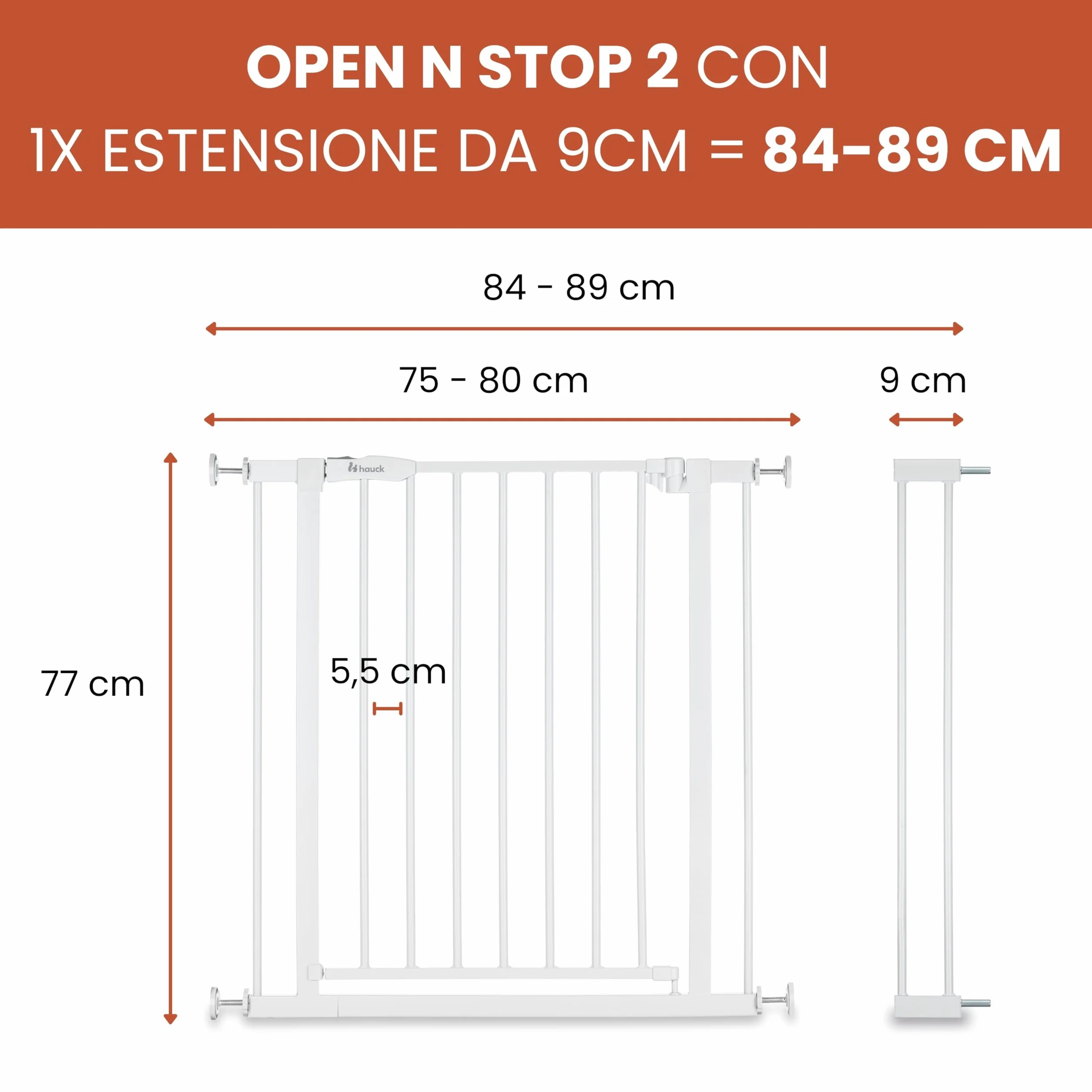 Hauck Open N Stop 2 Estensione 9 cm Bianco Cancelletto Bambini Cani Larghezza Regolabile 84-89 cm Alto 77 cm Apribile una Mano Entrambe Direzioni Interno