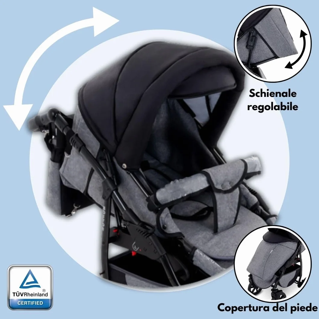 GaGaDumi Boston Passeggino Trio 3 in 1 Carrozzina Passeggino Seggiolino Auto Sistema Viaggio Completo Nero