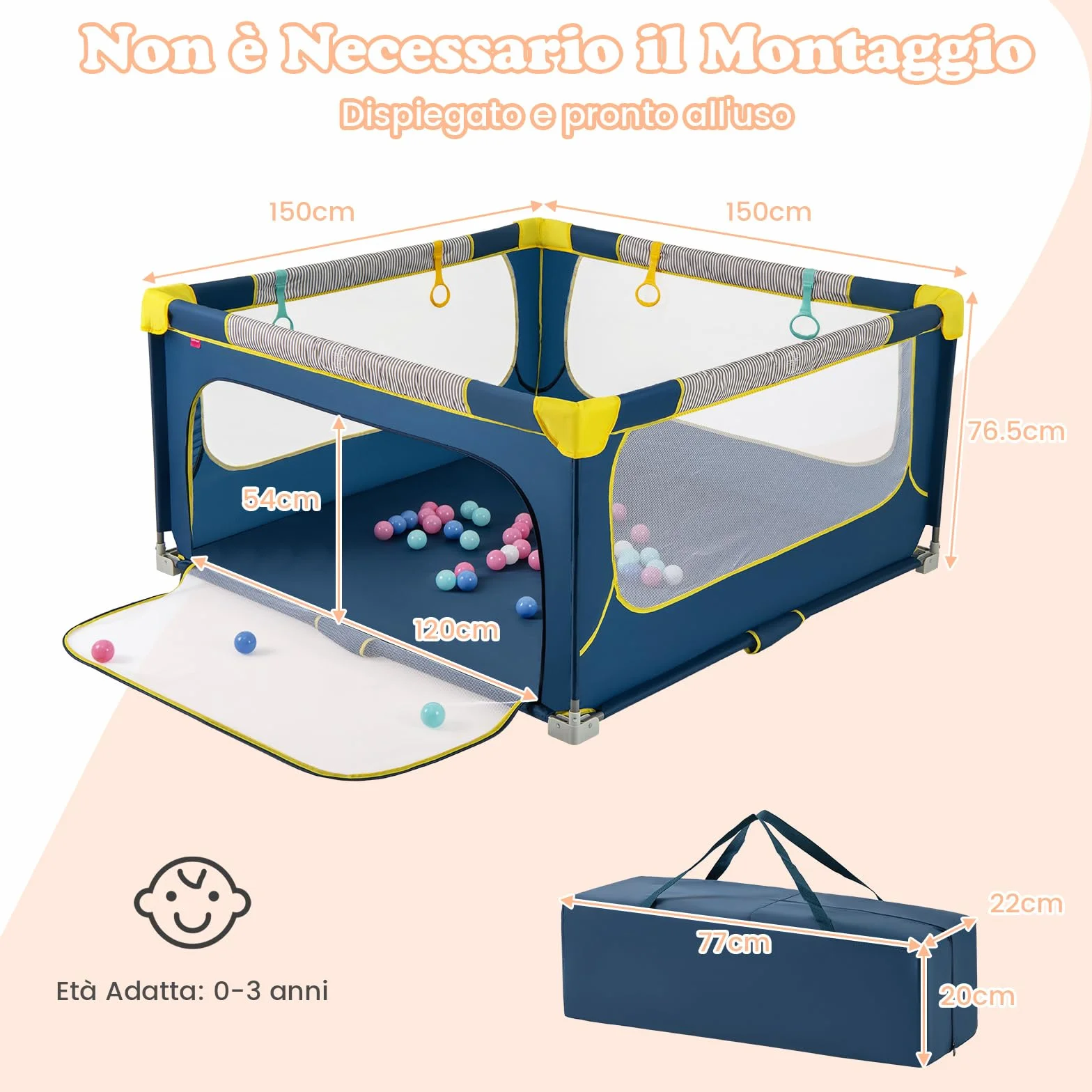 COSTWAY Recinto per Neonati Pieghevole 150x150 cm Tessuto Oxford con Rete Traspirante, Centro Attività con 50 Palline (Blu)