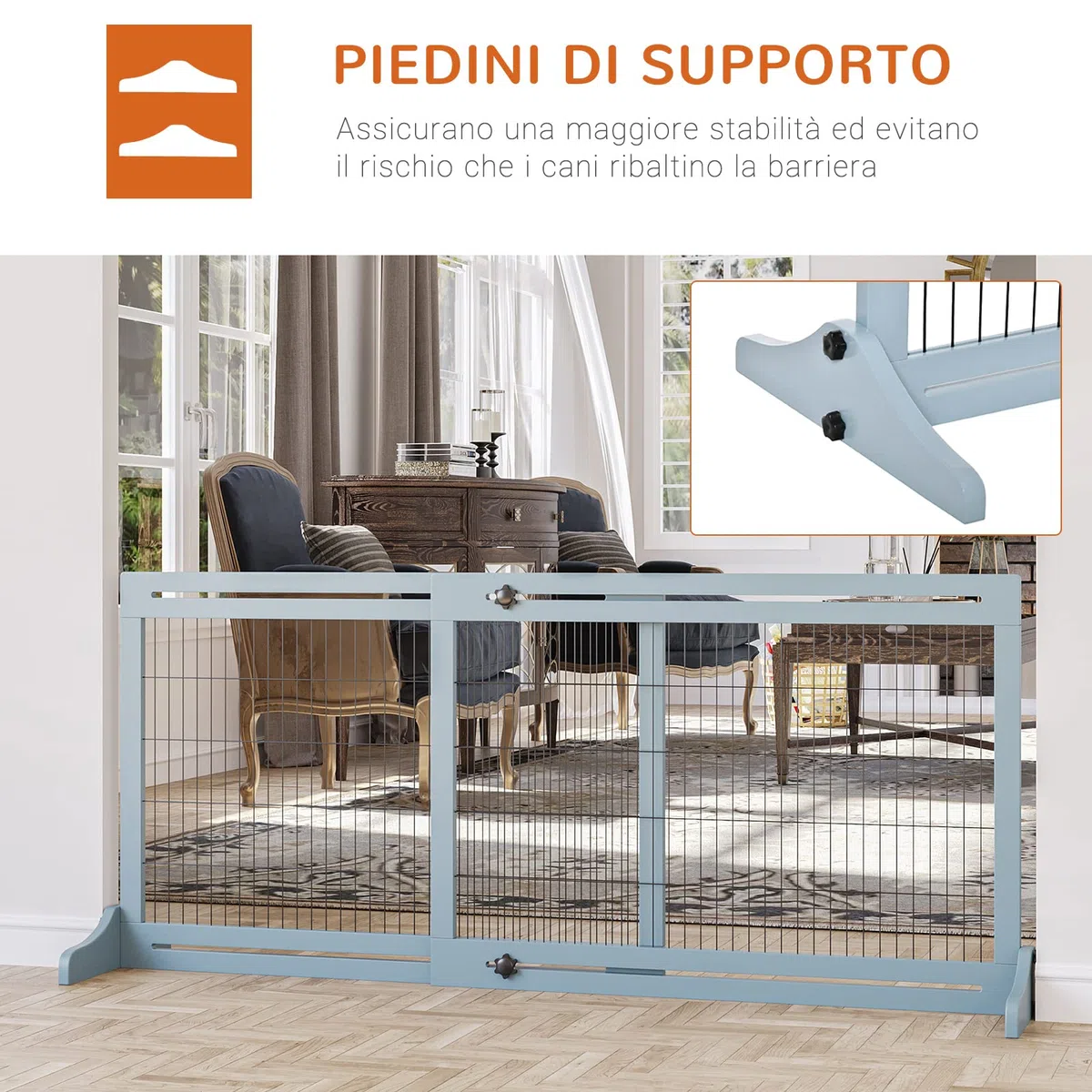 PawHut Cancelletto di Sicurezza per Cani in Legno e Acciaio, Cancellino per Cani Estensibile da Interno 104-180cm, Blu-grigio