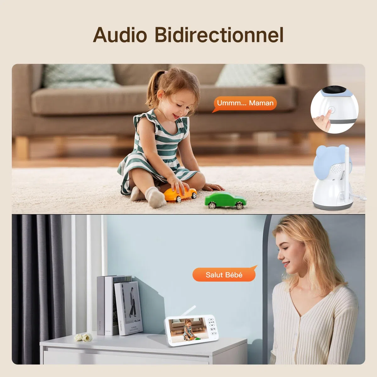 2K 5" Babyphone Camera con App Telefono, Rotazione a 360° Luce Notturna Colorata, Zoom 4X, Monitoraggio del Movimento, Monitoraggio Automatico, Area di Allarme Personalizzata
