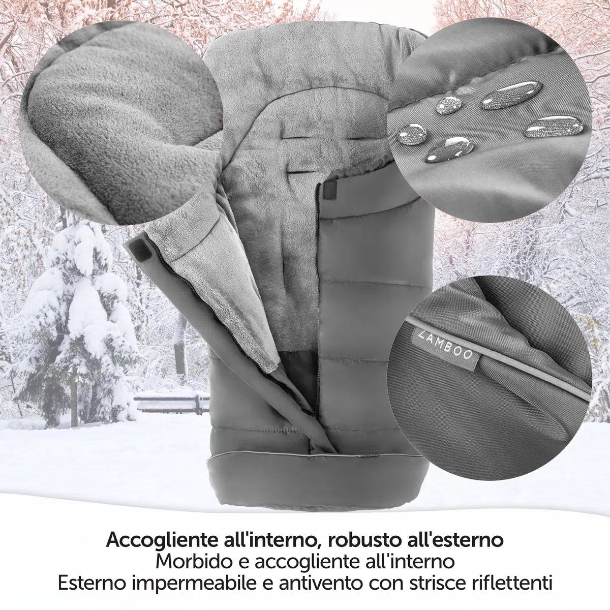 Zamboo Sacco Passeggino Invernale e per Carrozzine - Coprigambe Passeggino Universale Invernale con Banda Riflettente, con Borsa - Grigio