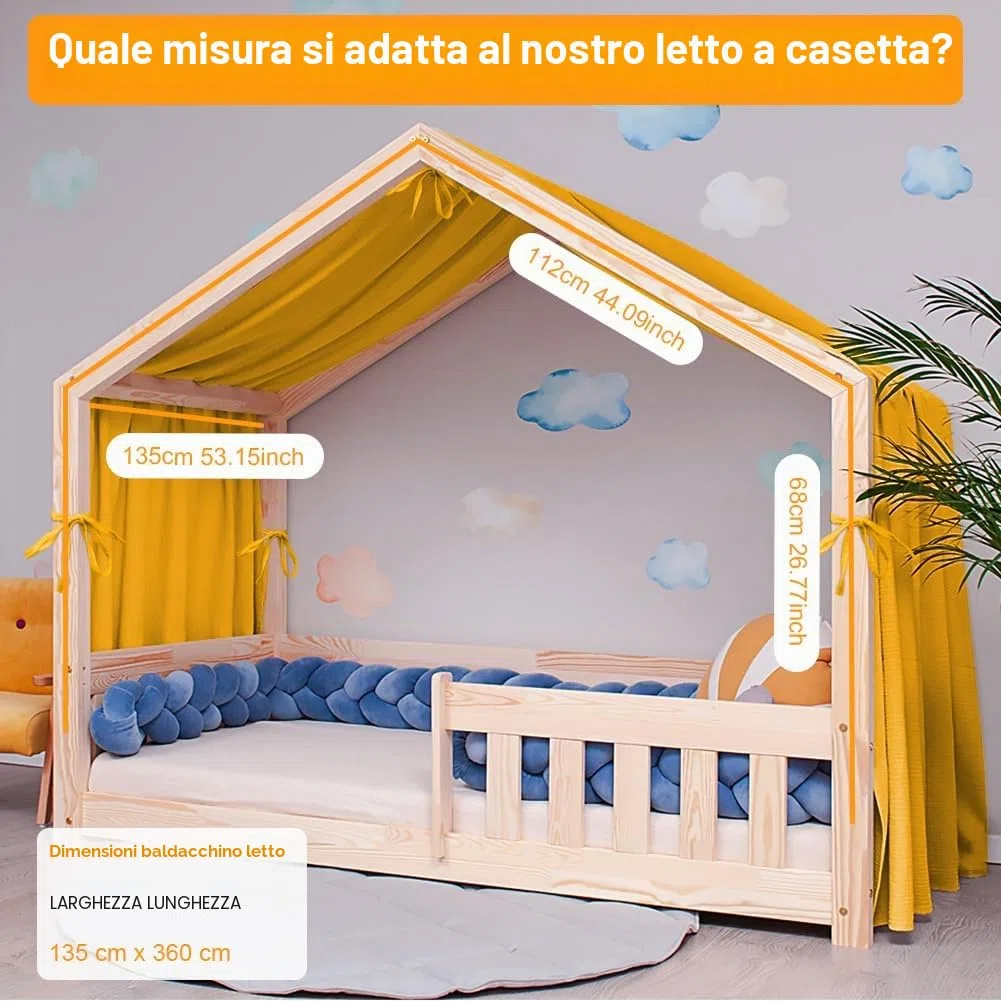 Vicloon Tenda Letto Bambini 100% Cotone, Tenda Letto Montessori per Letto Bambini, Baldacchini in Tessuto, Tenda da Letto per la casa in Mussola, 135 x 360 cm, Curcuma