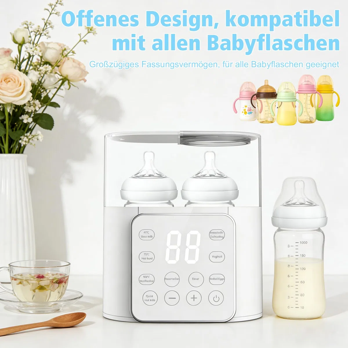 NCONCO Scaldabiberon portatile,Rapido 9-in-1 2 biberon con Sterilizzatore e Timer Scongelamento scaldapappe Controllo intelligente della temperatura e display LCD Senza BPA(Biancocrema)