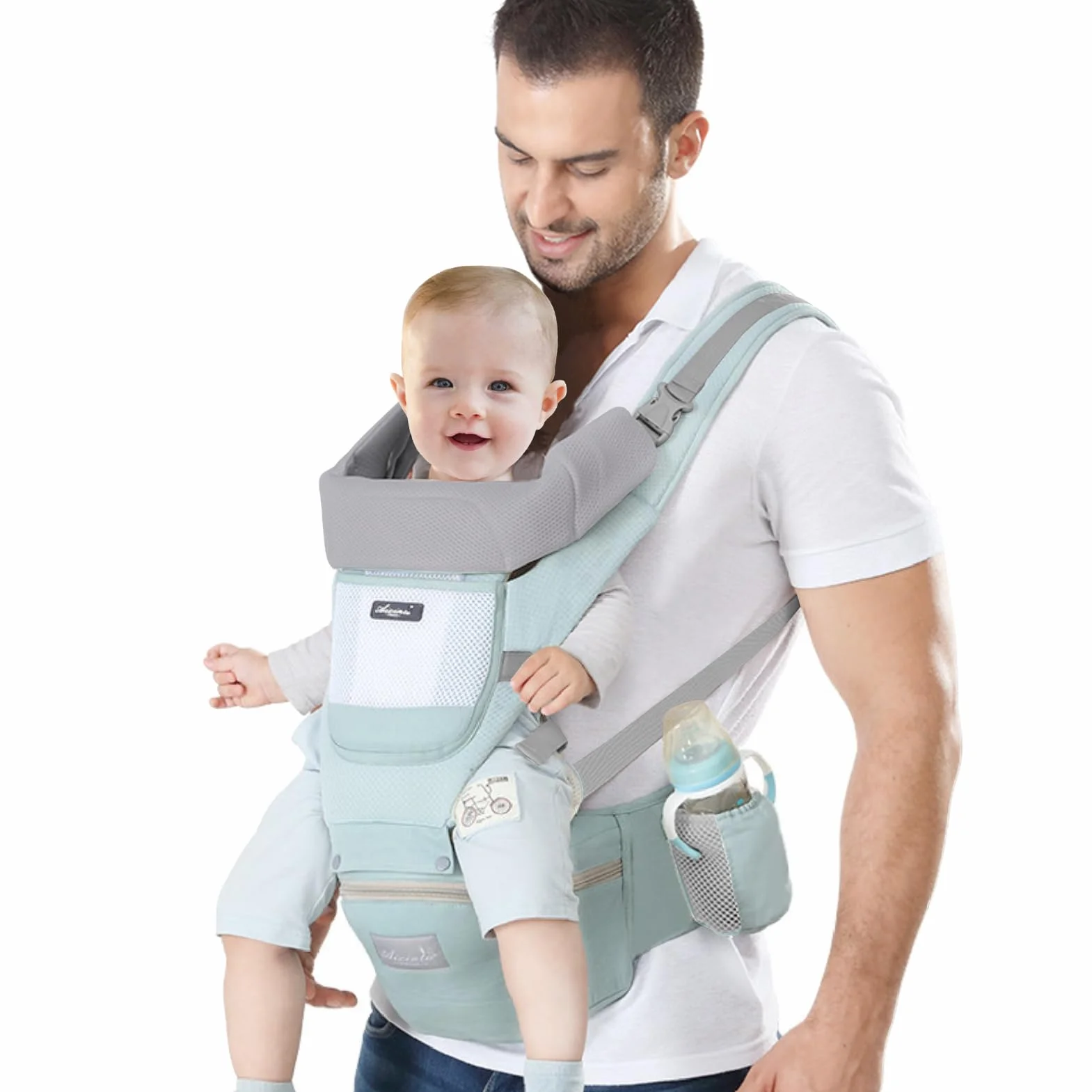 IULONEE Marsupio Neonati con Sedile Multifunzione Zaino Ergonomico per Marsupi Trasporto Anteriore e Posteriore Regolabile per Neonato da 3 Mesi a 3 Anni (3-20kg) Verde