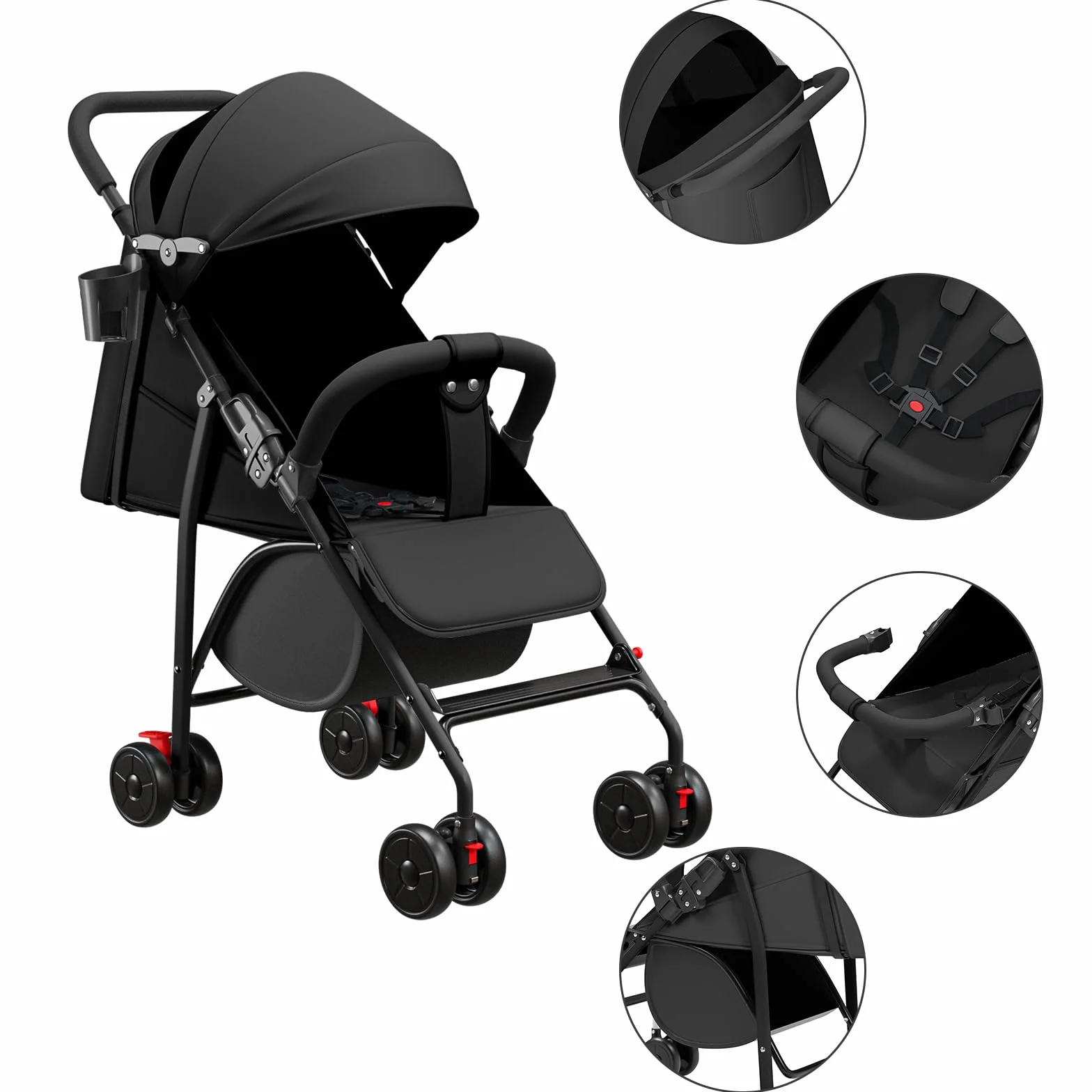 Passeggino Leggero e Compatto Pieghevole 0-4 anni 25 kg Schienale Reclinabile Piegatura Automatica 1 Passaggio Canopy C Nero