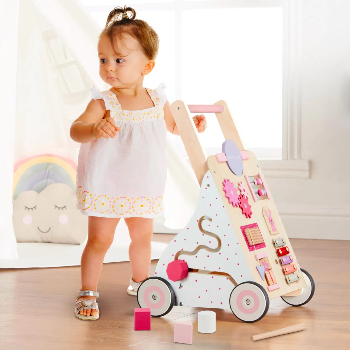 Haus Projekt Carrello Primi Passi Rosa, Girello Bambina di Legno Rosa, Carrellino Primi Passi Legno, Giocattoli per Bambini 1 anno, Regali di Primo Compleanno per Bambini, Regalo di Pasqua