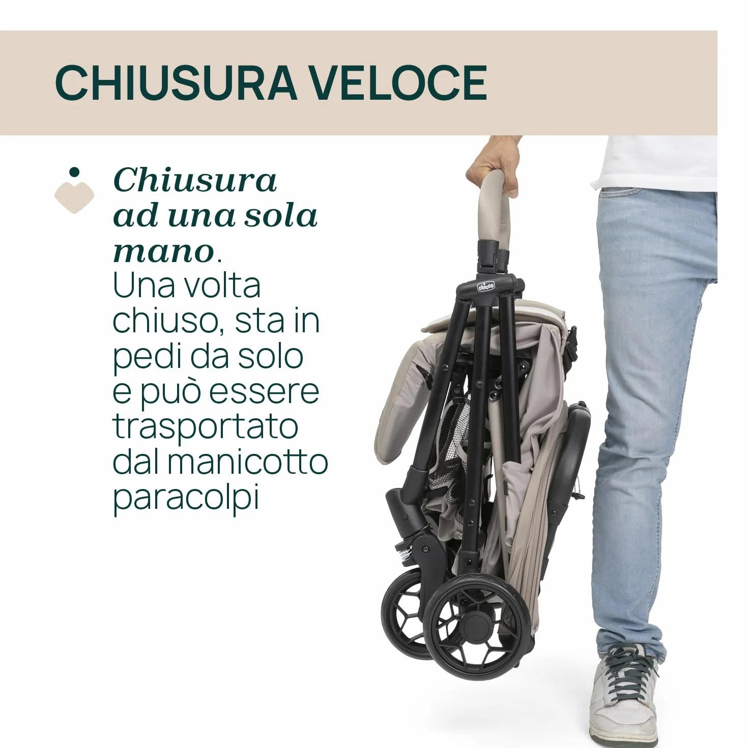 Chicco Passeggino Taormina 0+ Mesi - 22 Kg Leggero Chiusura Smart Compatta Capotte Estensibile UV50+ Antipioggia Schienale Regolabile Poggiagambe Beige