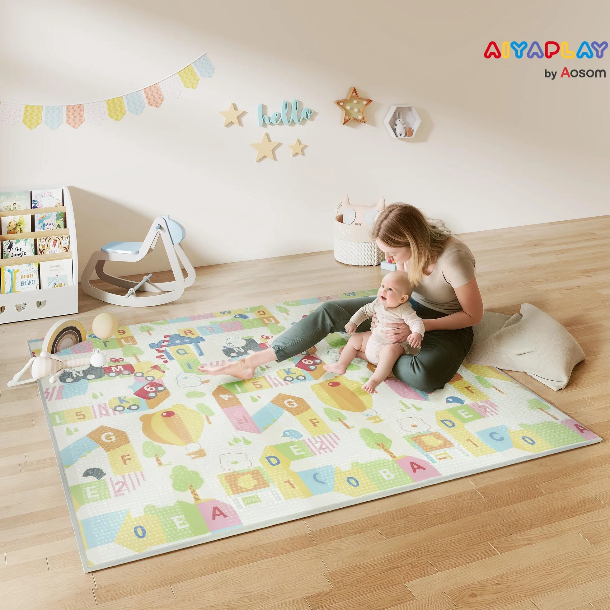 AIYAPLAY Tappeto per Bambini 0-3 Anni con Bordi Cuciti, Lettere dell'Alfabeto e Superficie Impermeabile, Tappeto Gattonamento in XPE e PE, 200x180x1.5 cm, Multicolore