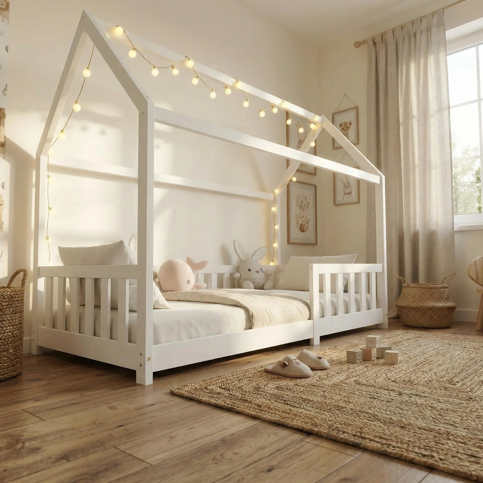 ecomi® Lettino per bambini 90x200 80x160 cm con protezione cadute e rete a doghe Bianco