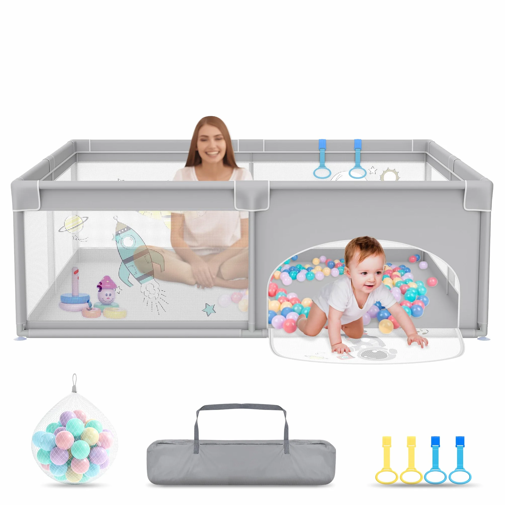 UISEBRT Box per bambini, 180 x 200 cm, con 50 palline oceaniche e 4 anelli e borsa per il trasporto, pieghevole, con rete traspirante, per bambini, grigio con motivi astronauti